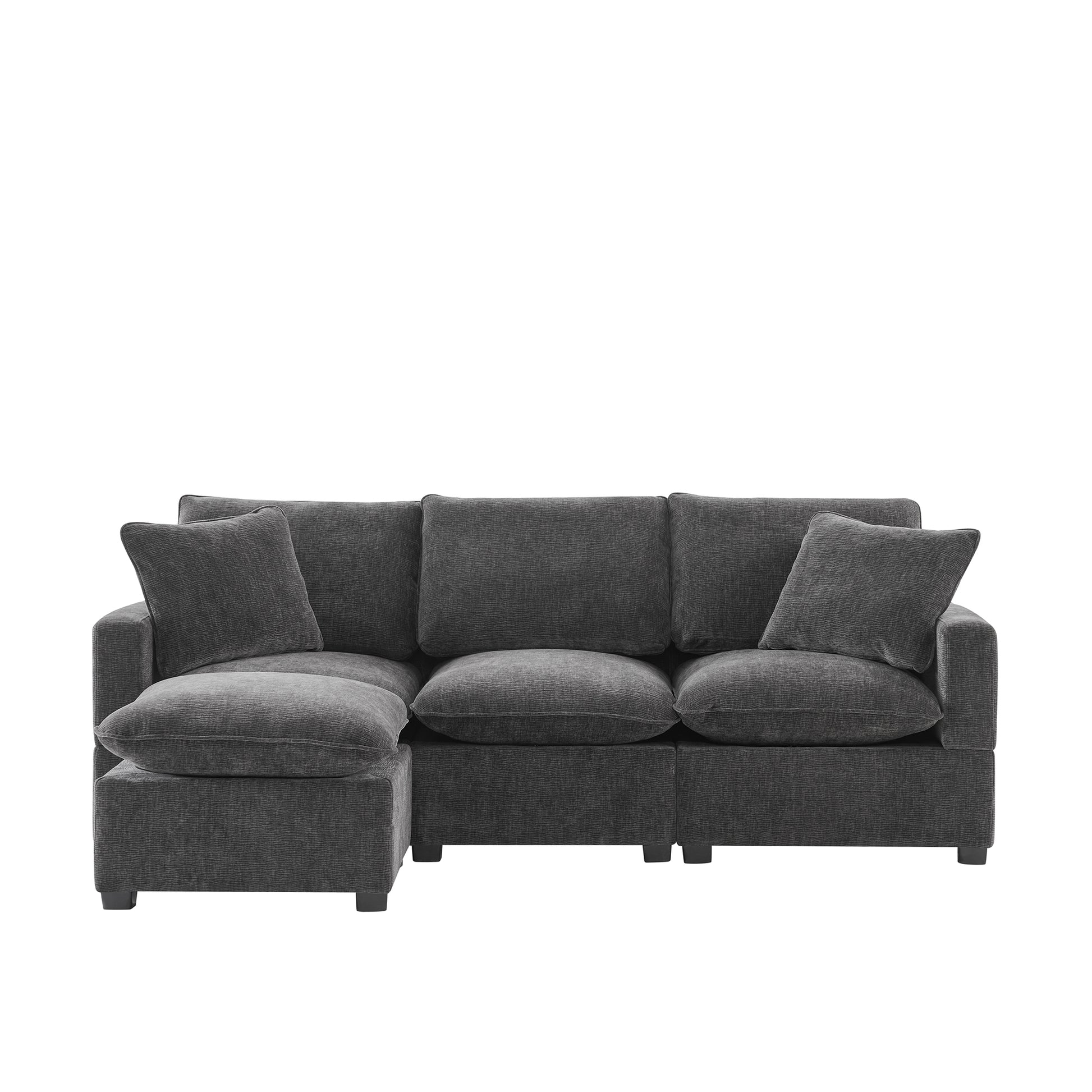 Deep charcoal grey sectional sofa with plush cushions and chaise lounge