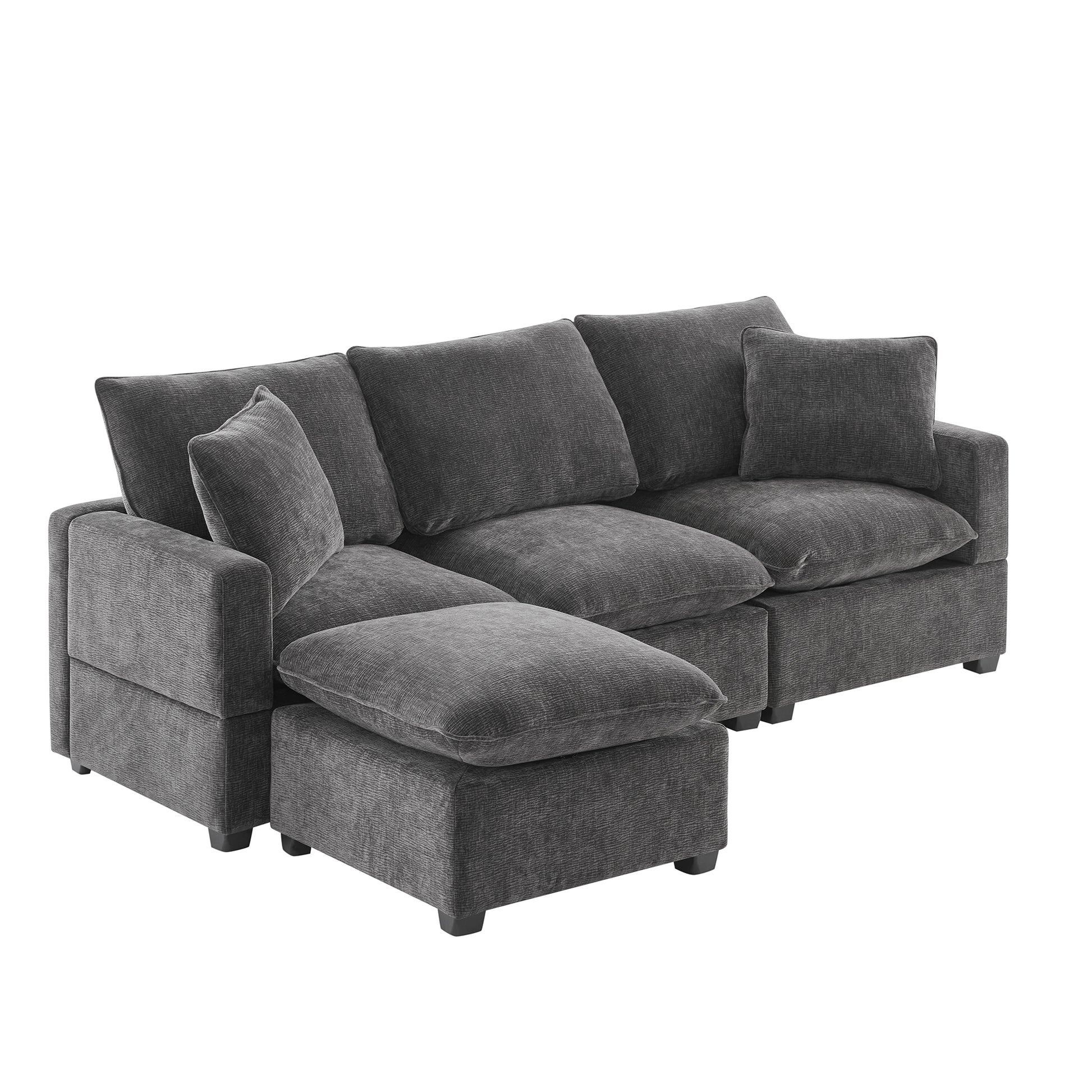 Deep charcoal gray sectional sofa with plush cushions and removable ottoman