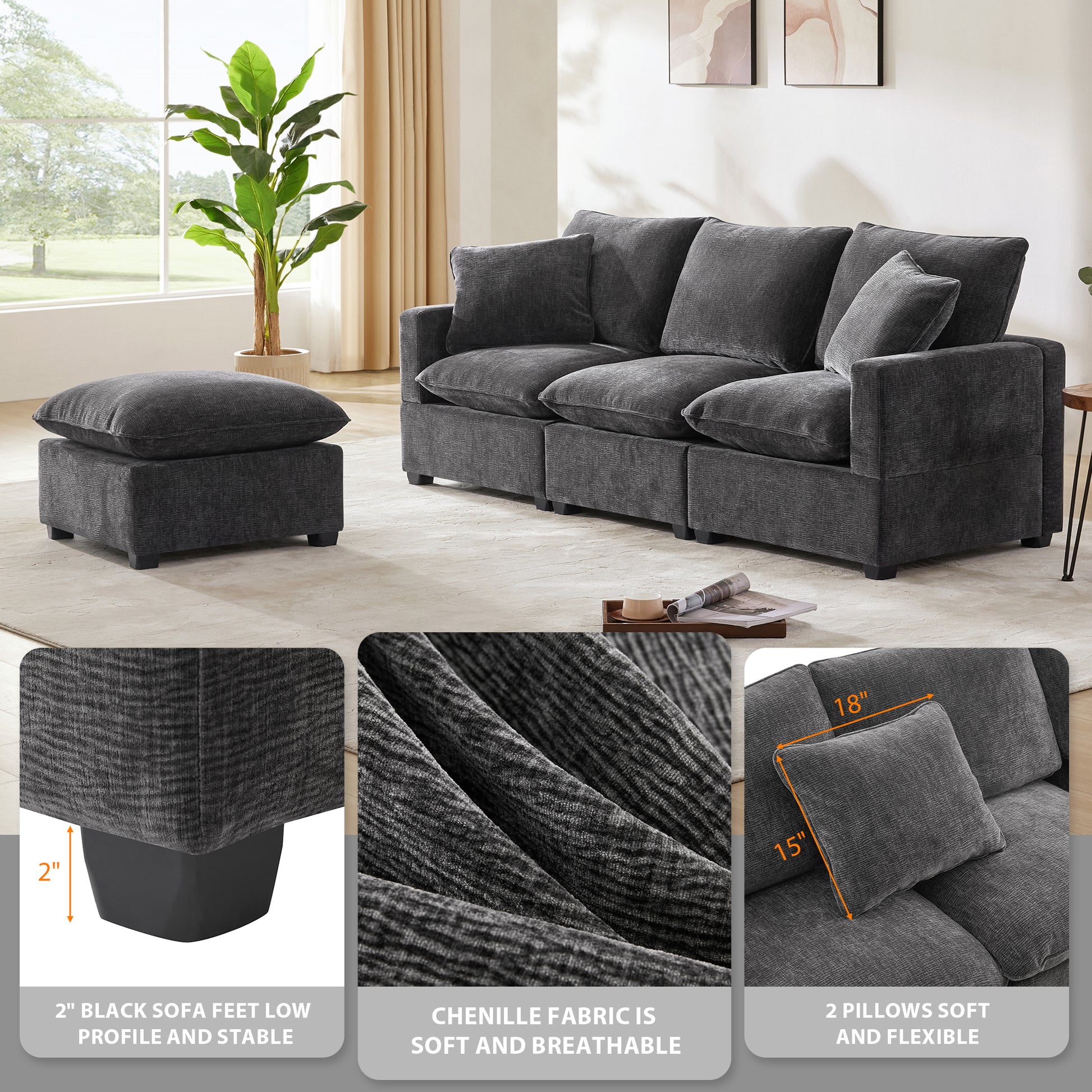 Dark gray chenille sectional sofa with ottoman featuring plush cushions and lowprofile black feet