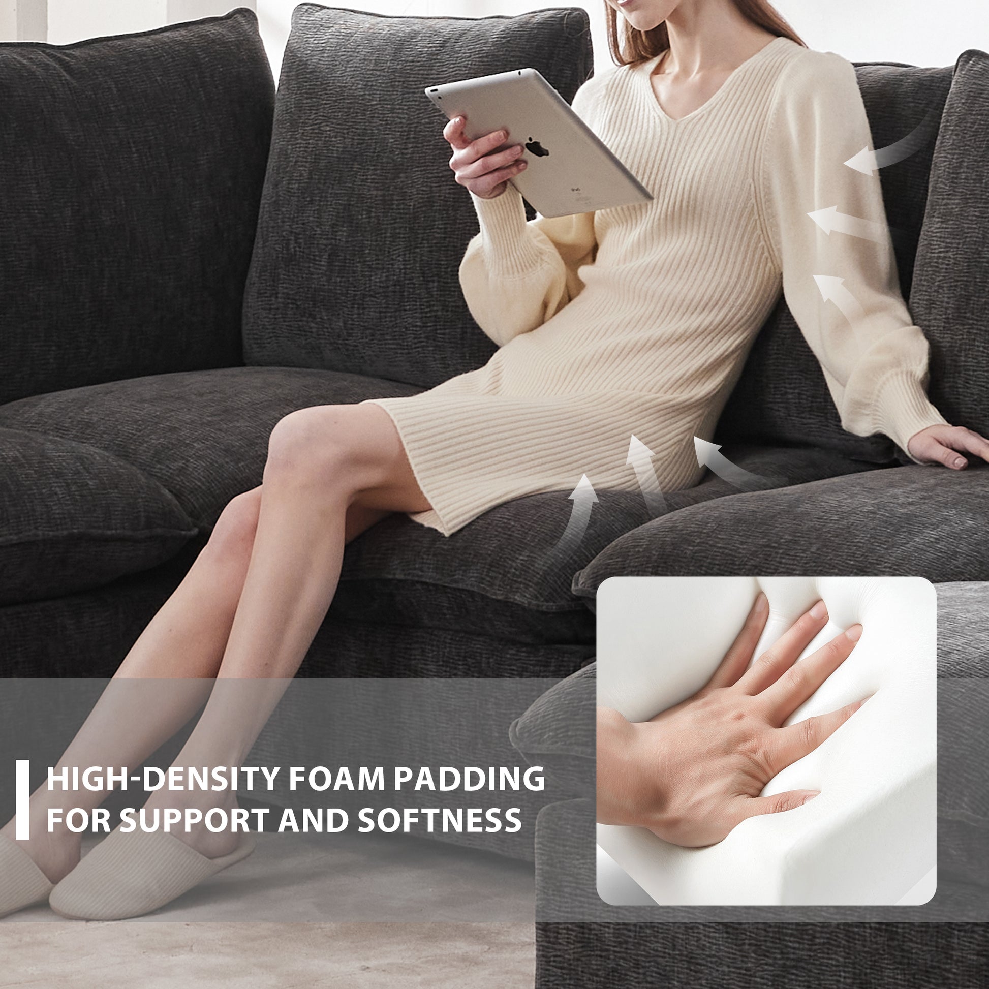 Dark grey textured sofa with plush cushions featuring highdensity foam padding for support and softness