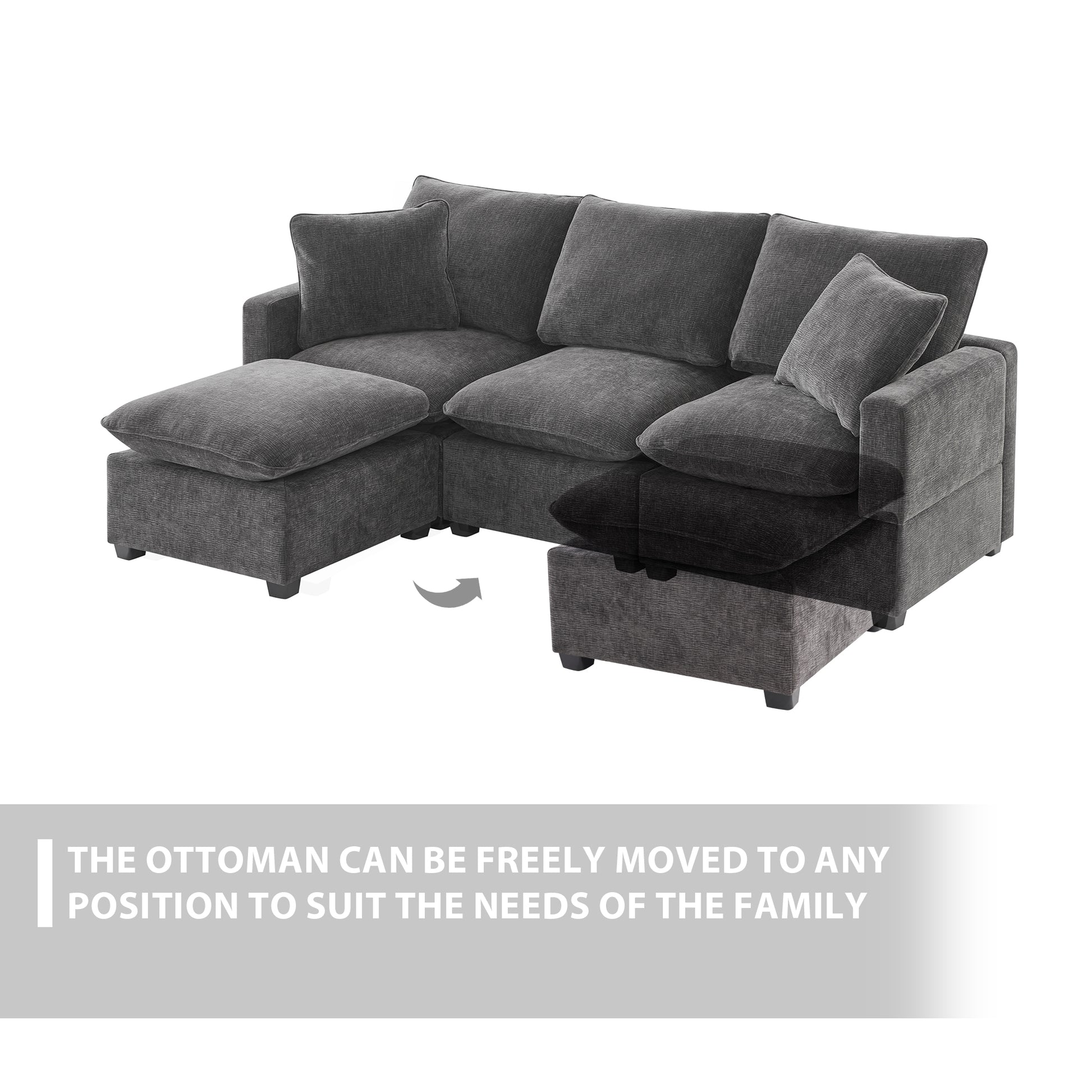Dark gray fabric sectional sofa with movable ottoman modern living room furniture
