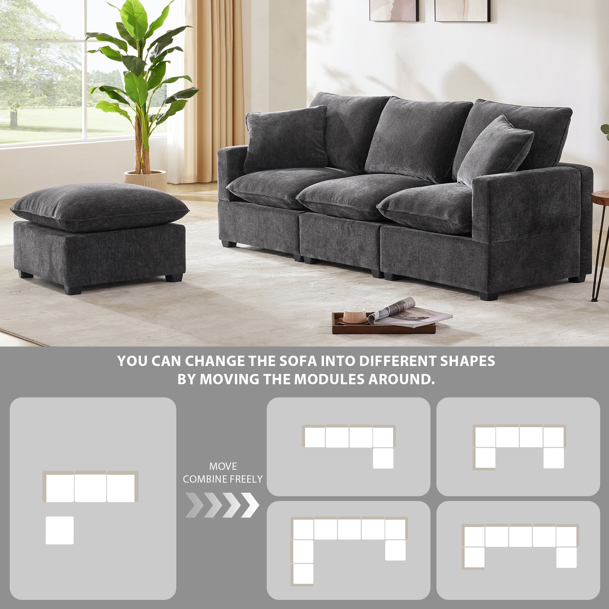 Dark gray fabric sectional sofa with matching ottoman in a living room setting