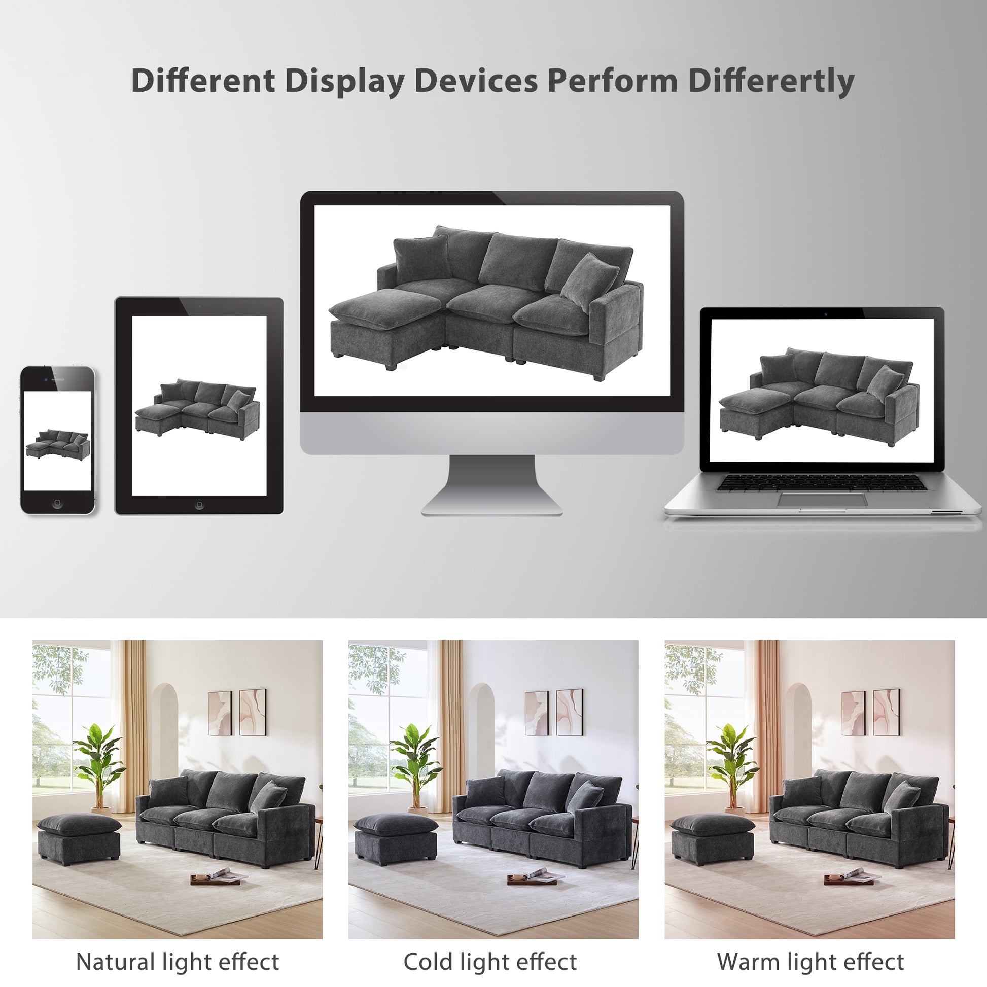 Dark gray sectional sofa with ottoman plush fabric modern living room furniture