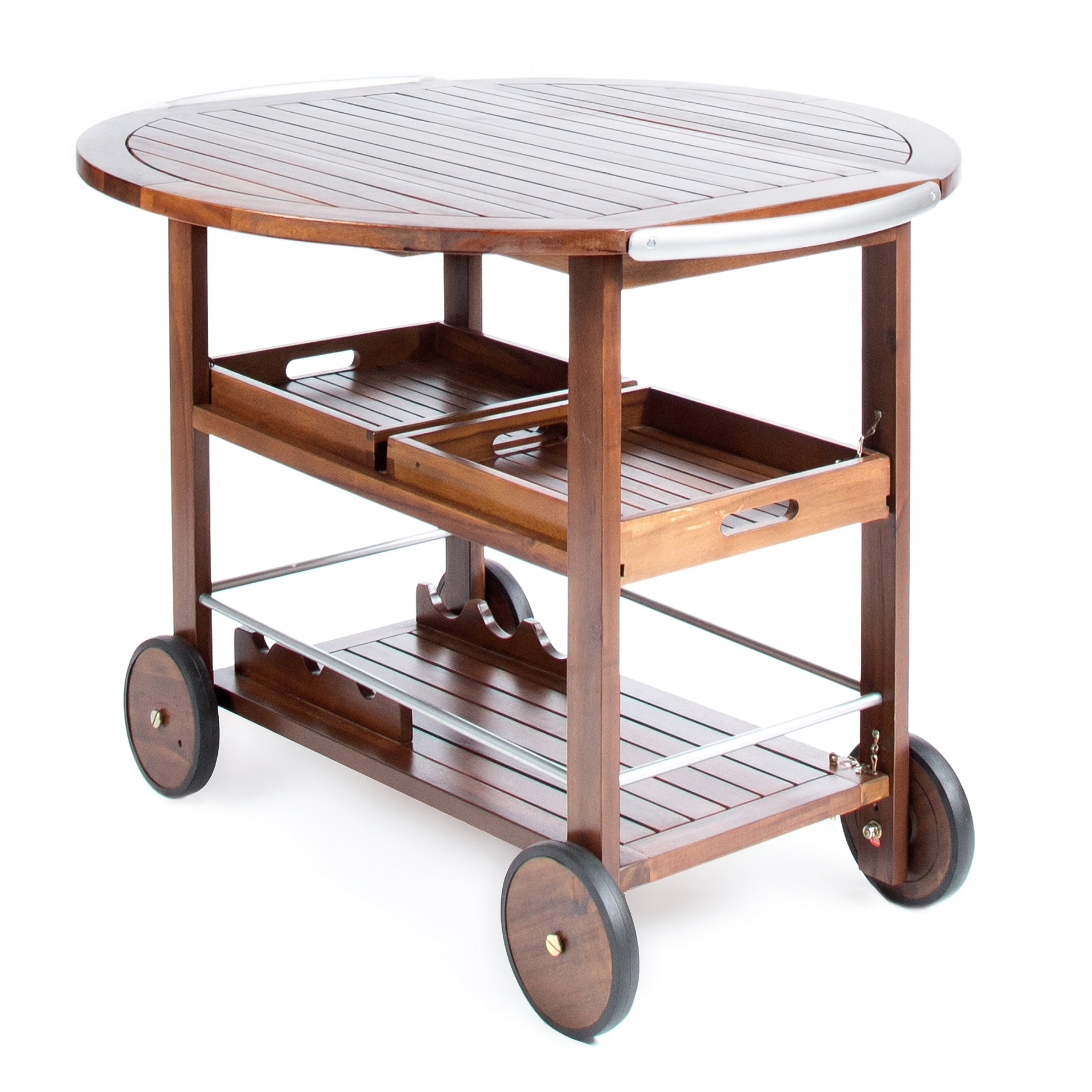 Wooden bar cart with two tiers and rolling wheels
