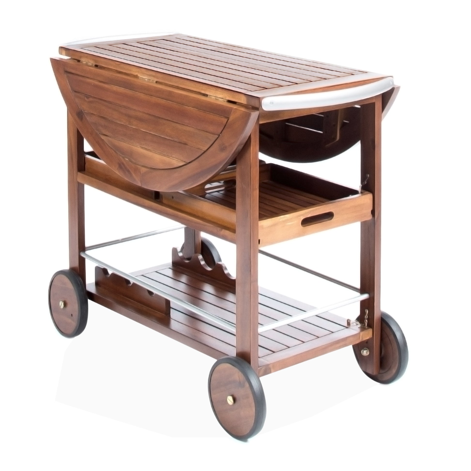 Wooden folding serving cart with two shelves and wheels