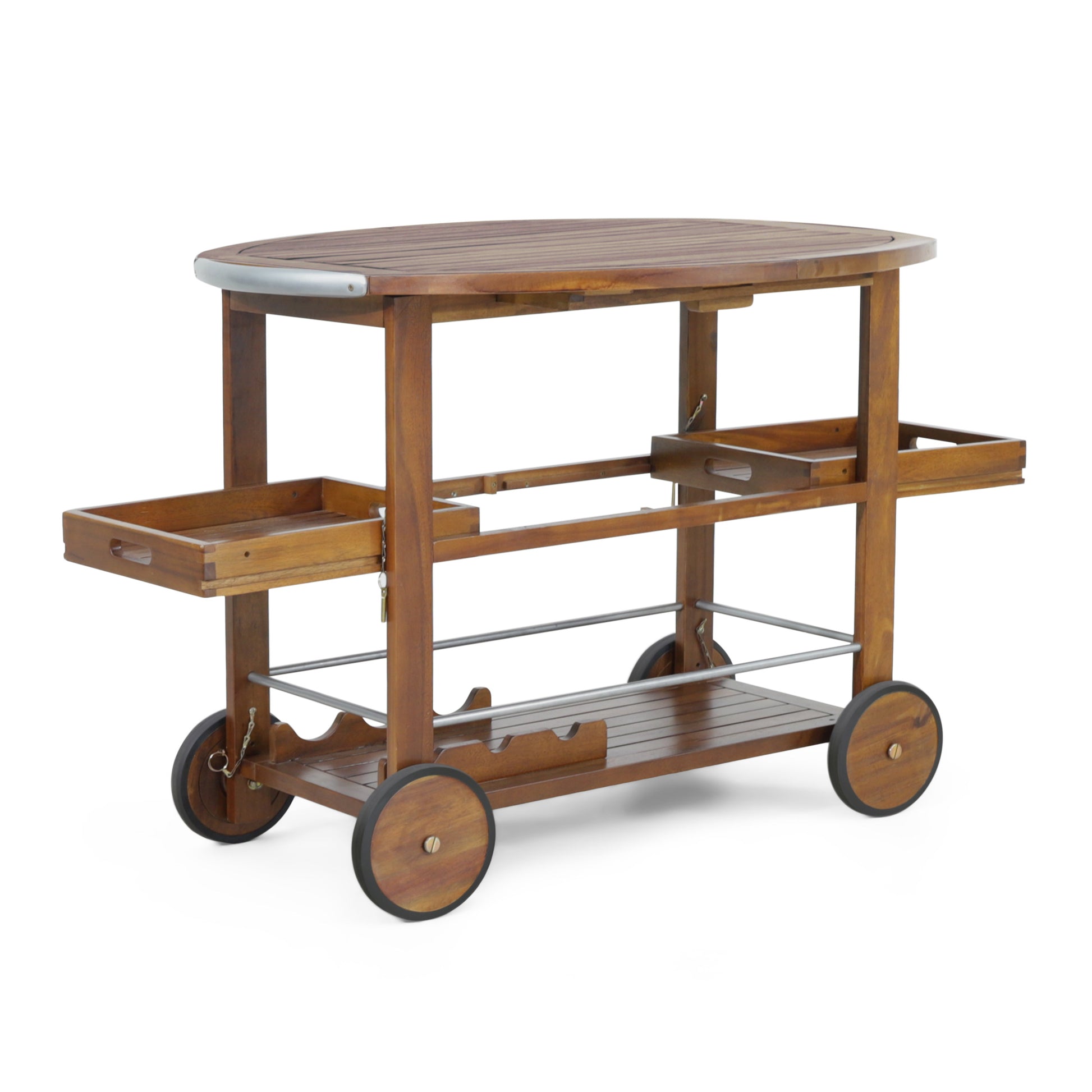 Wooden BBQ cart with side shelves and wheels