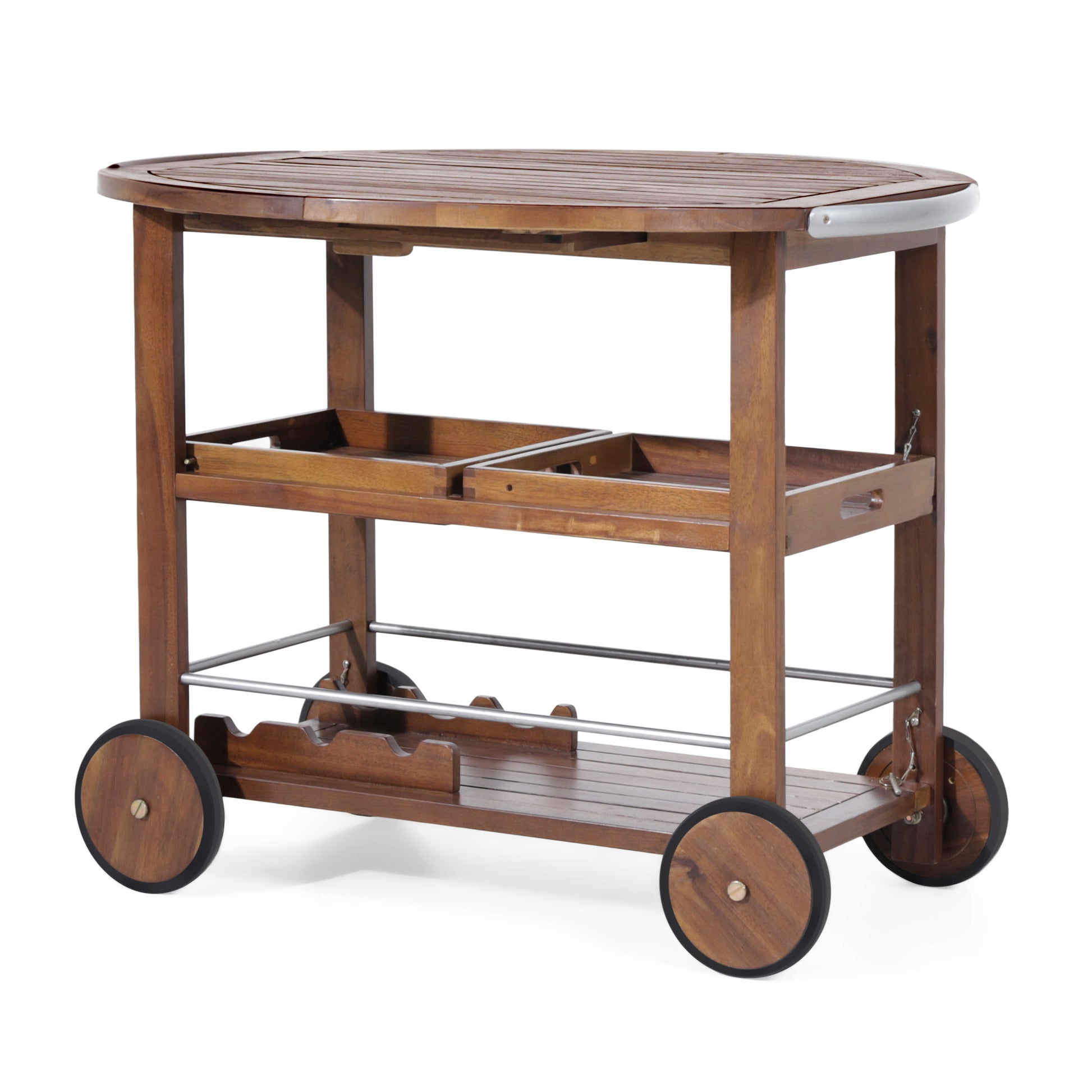 Wooden serving cart with slatted top and two shelves