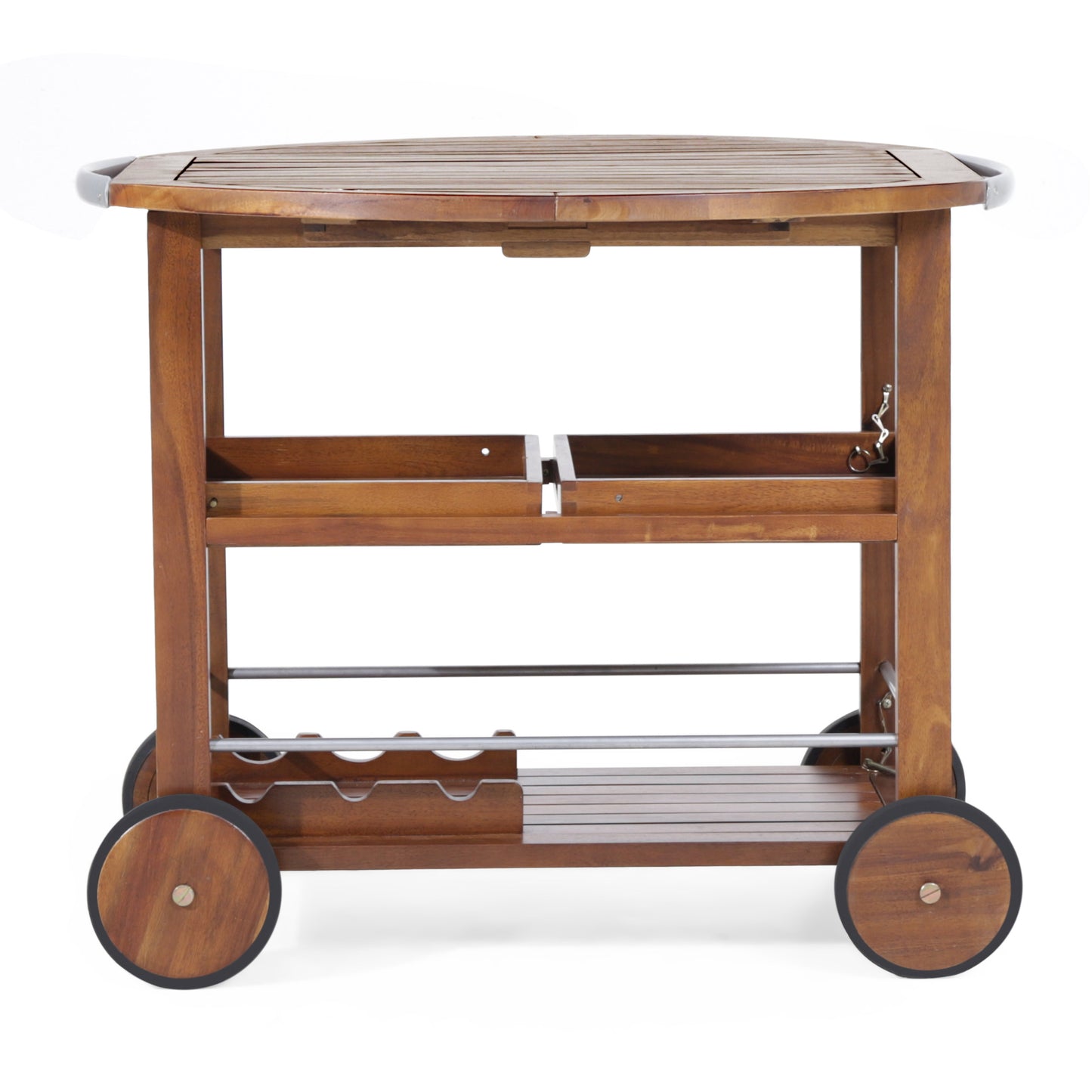Wooden bar cart with slatted top and wheels