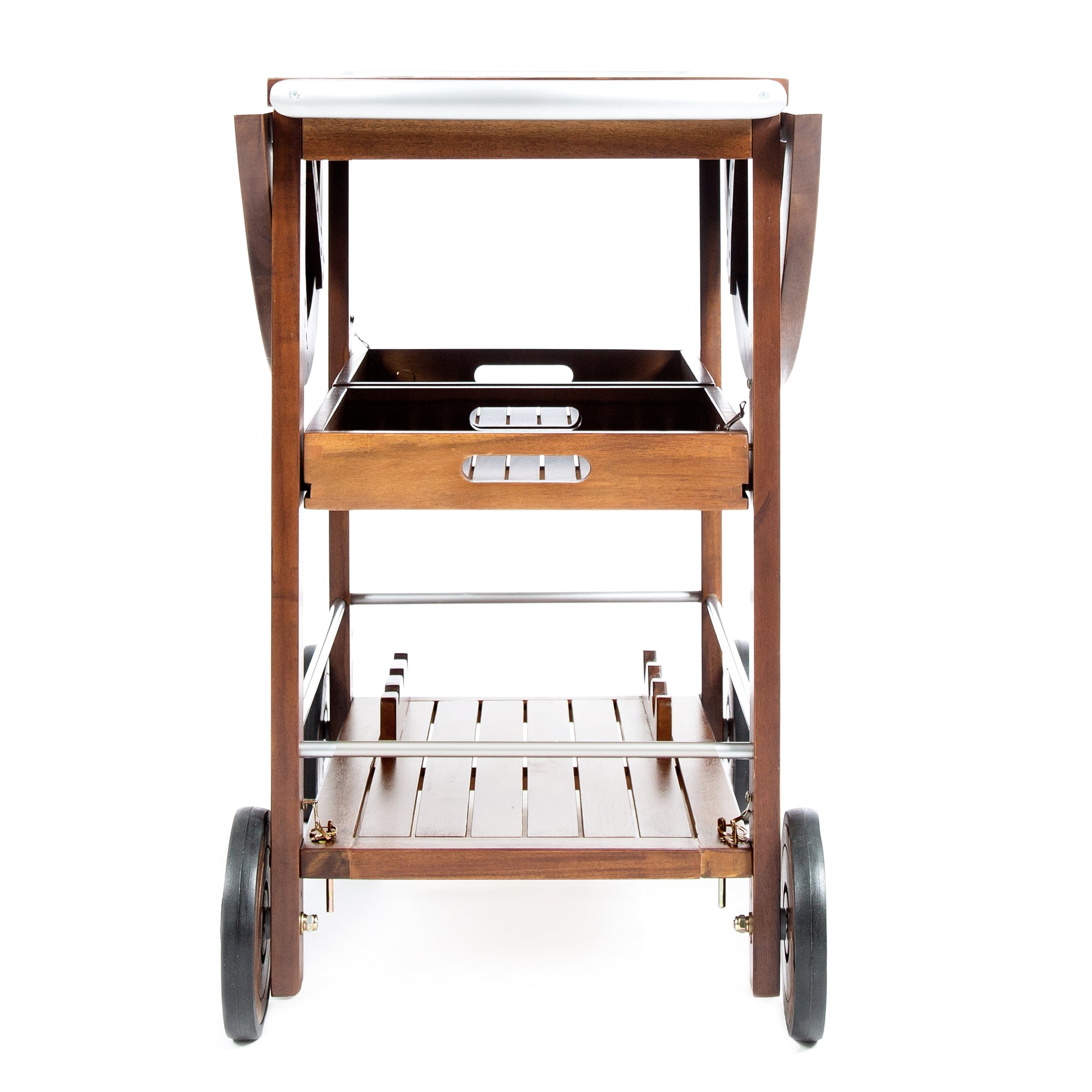 Wooden bar cart with metal accents and two wheels
