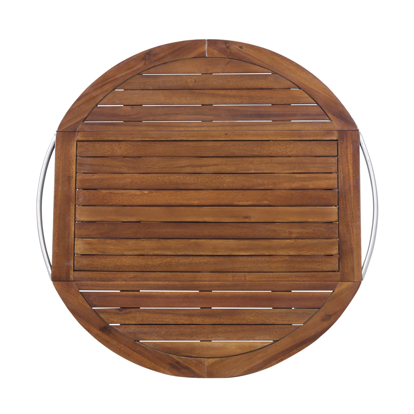 Round acacia wood outdoor coffee table with slatted top and metal legs