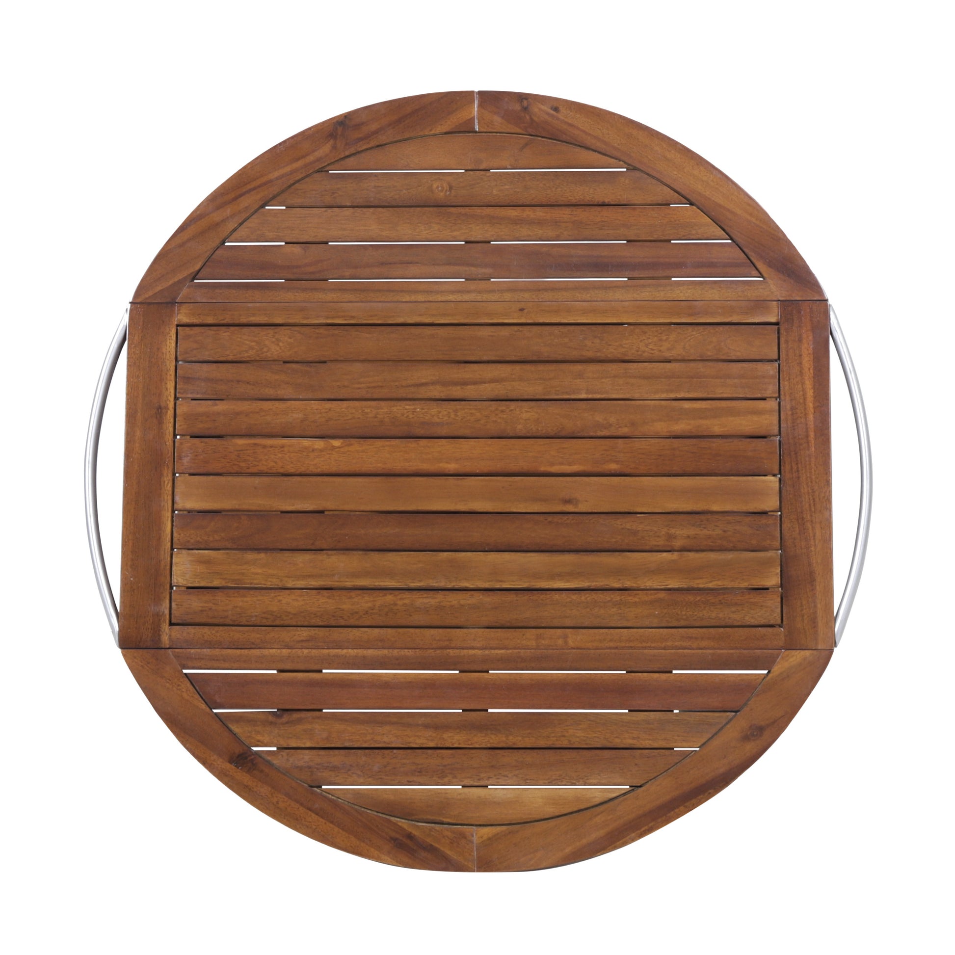 Round acacia wood outdoor coffee table with slatted top and metal legs
