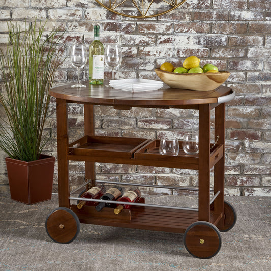 Wooden bar cart with tiered shelves and wine rack perfect for serving drinks