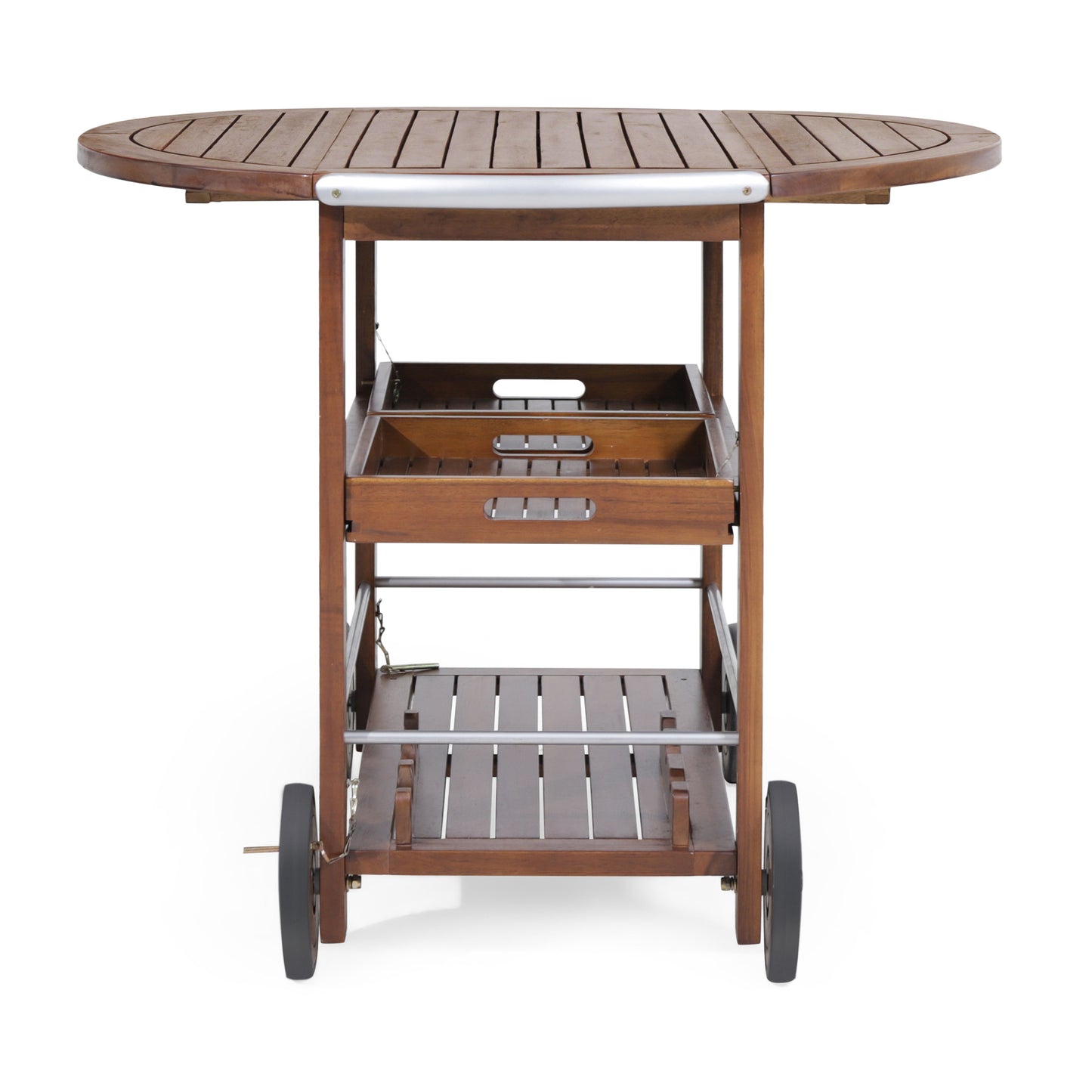 Wooden bar cart with dropleaf tabletop and two slatted shelves