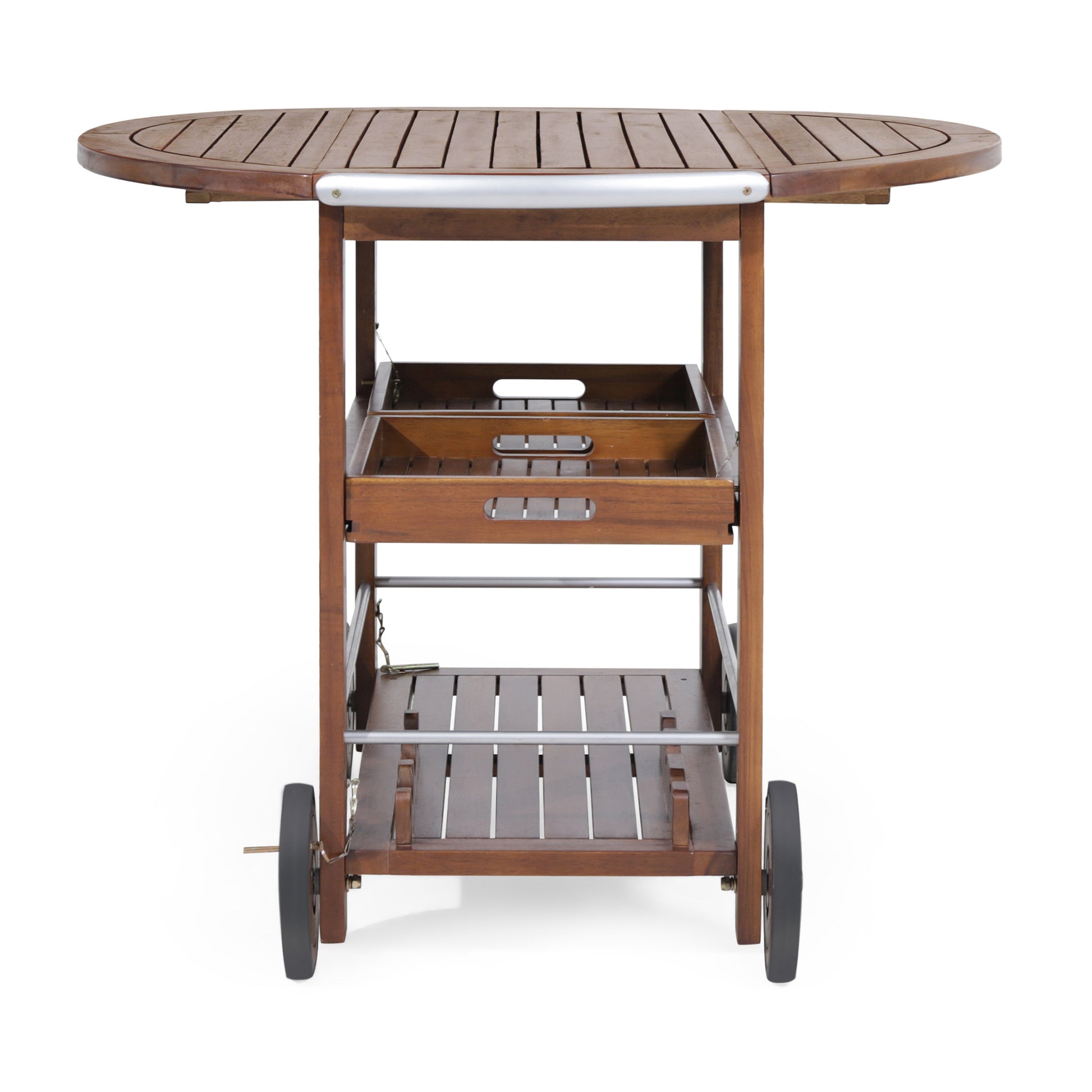 Wooden bar cart with dropleaf tabletop and two slatted shelves