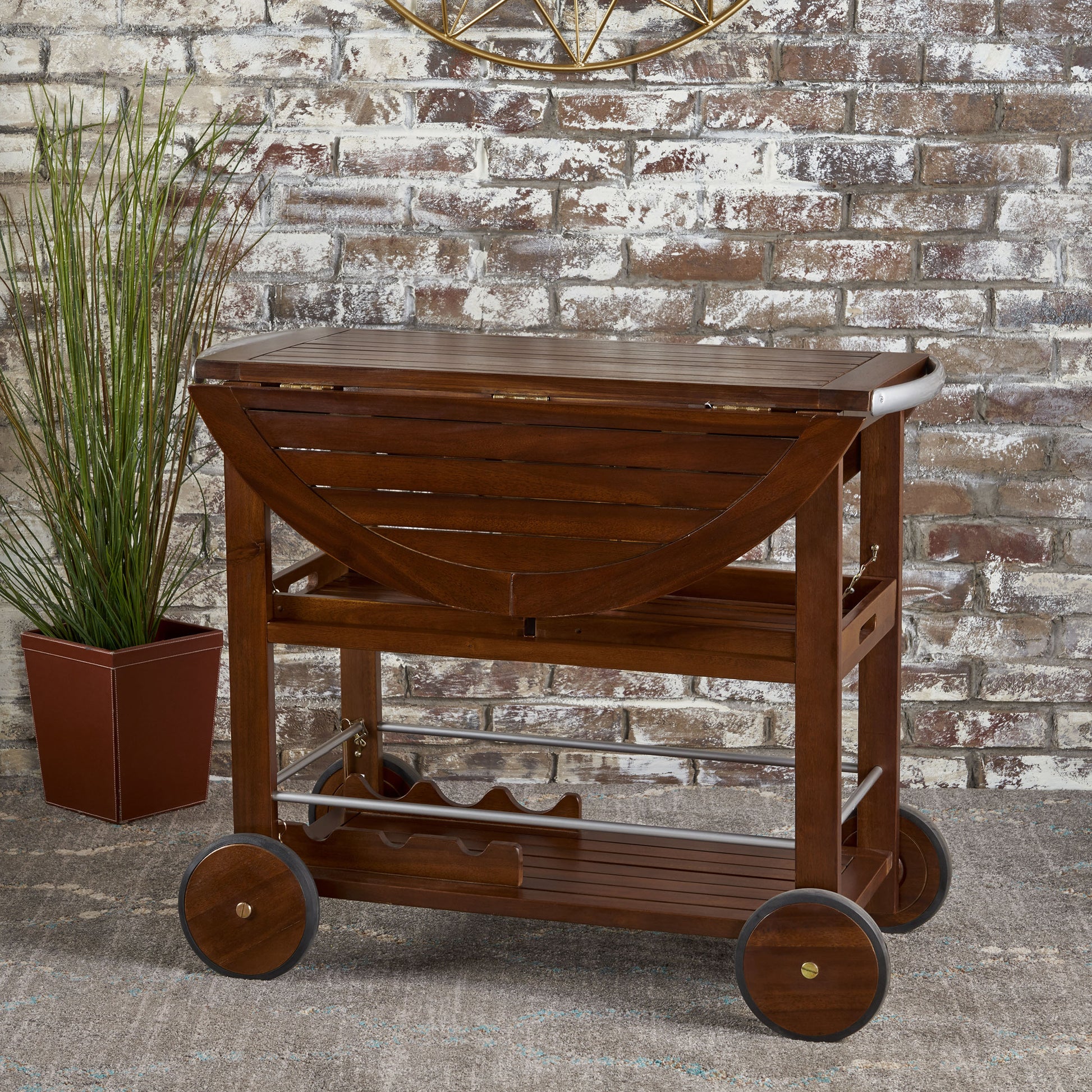 Rich walnut drop leaf bar cart with wine rack and wheels