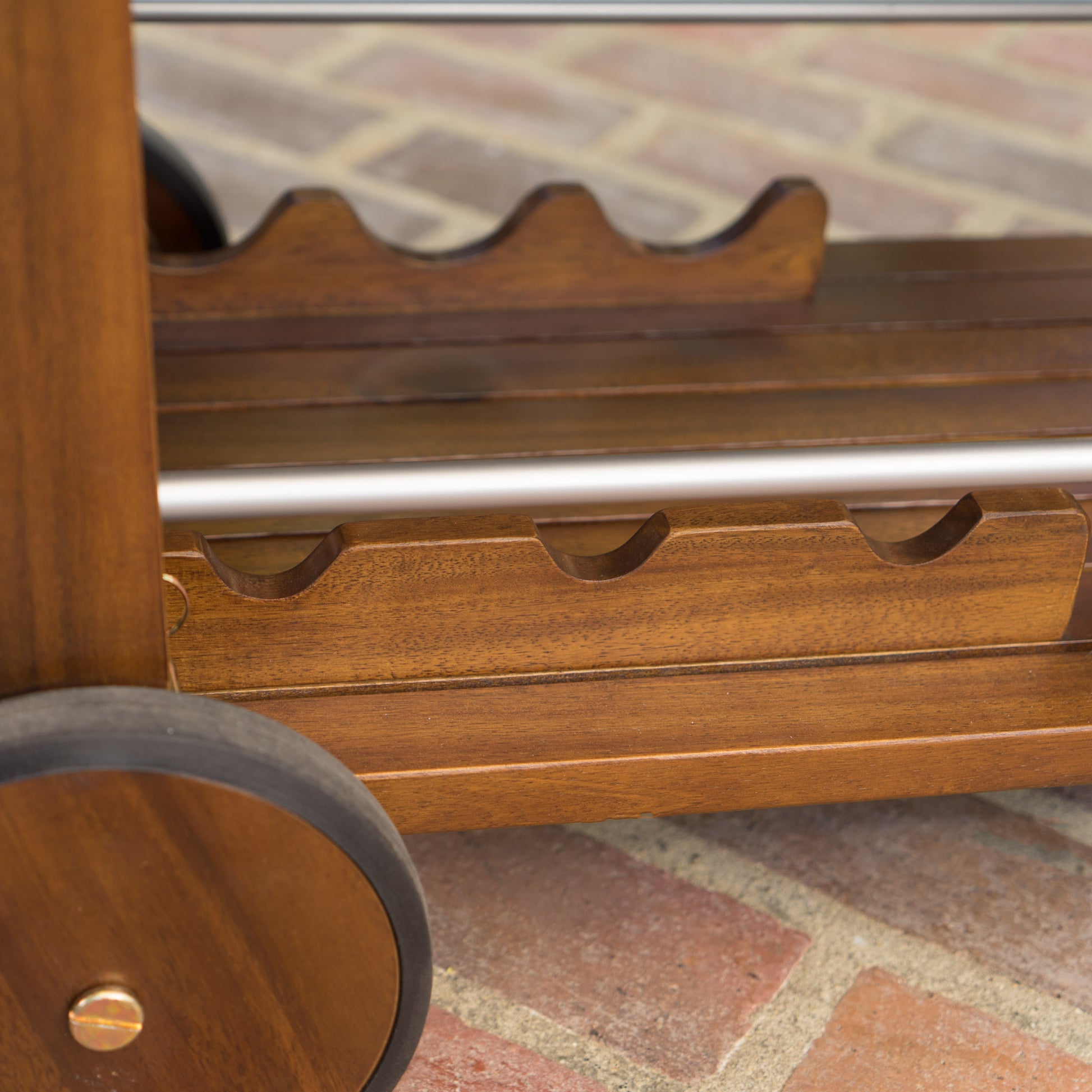 Wooden bar cart with builtin wine rack and metal accents