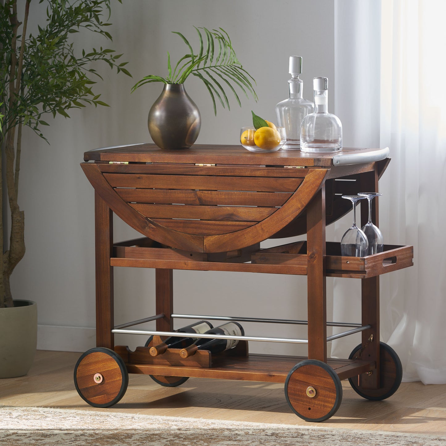 Wooden bar cart with drop leaf table top and wine rack