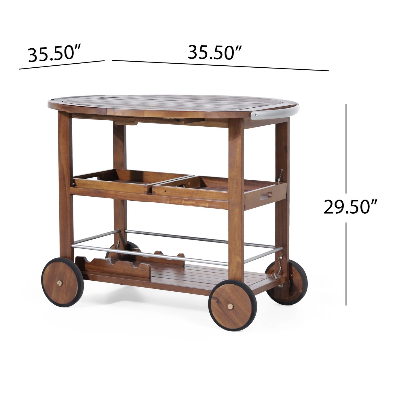 Wooden bar cart with two shelves and wine rack