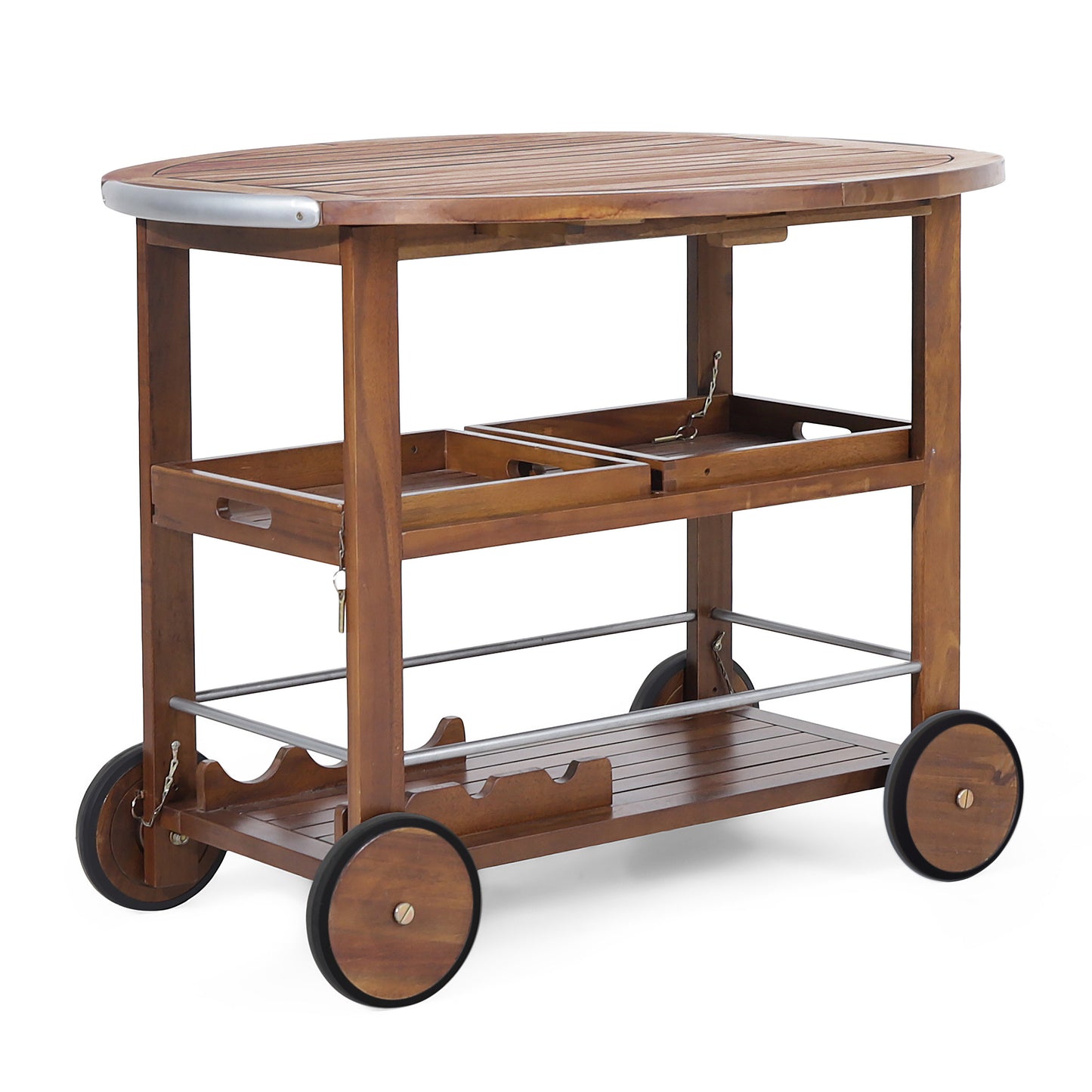 Outdoor serving cart made of wood with two shelves and wheels
