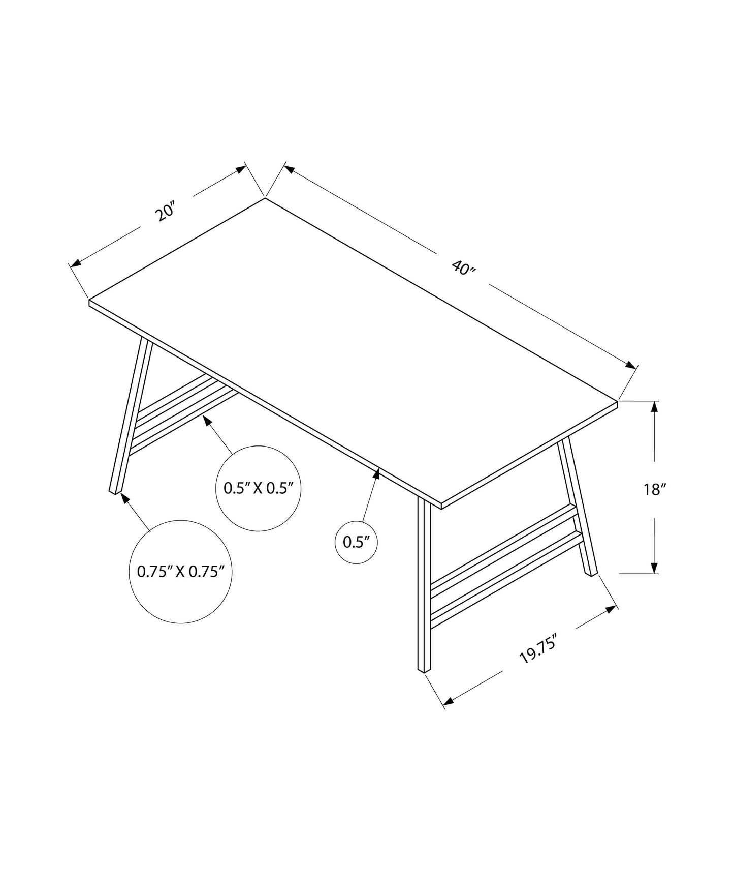 Diagram of a  x  x  rectangular desk with angled legs and shelf details