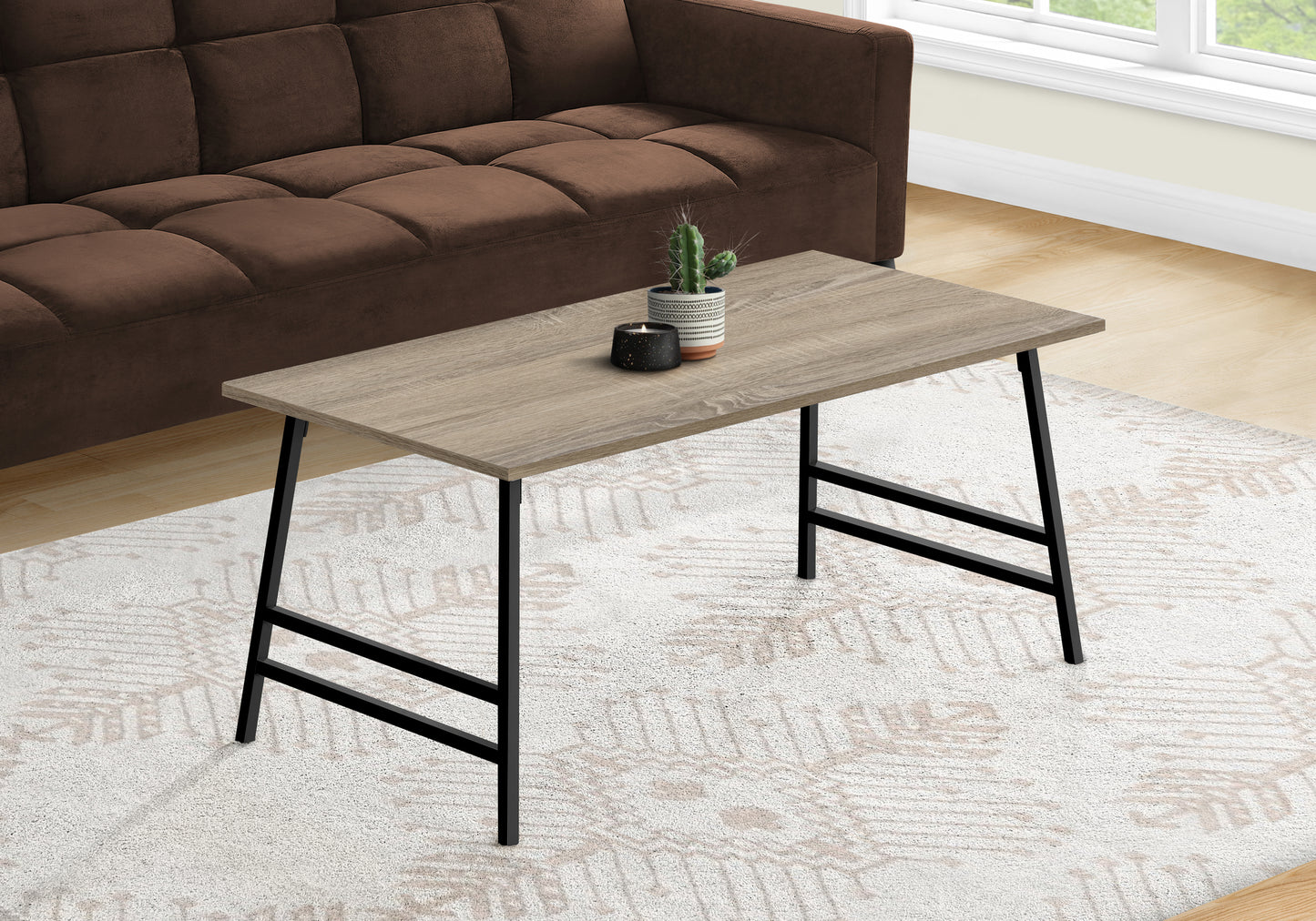 Rectangular oak wood veneer coffee table with black metal legs