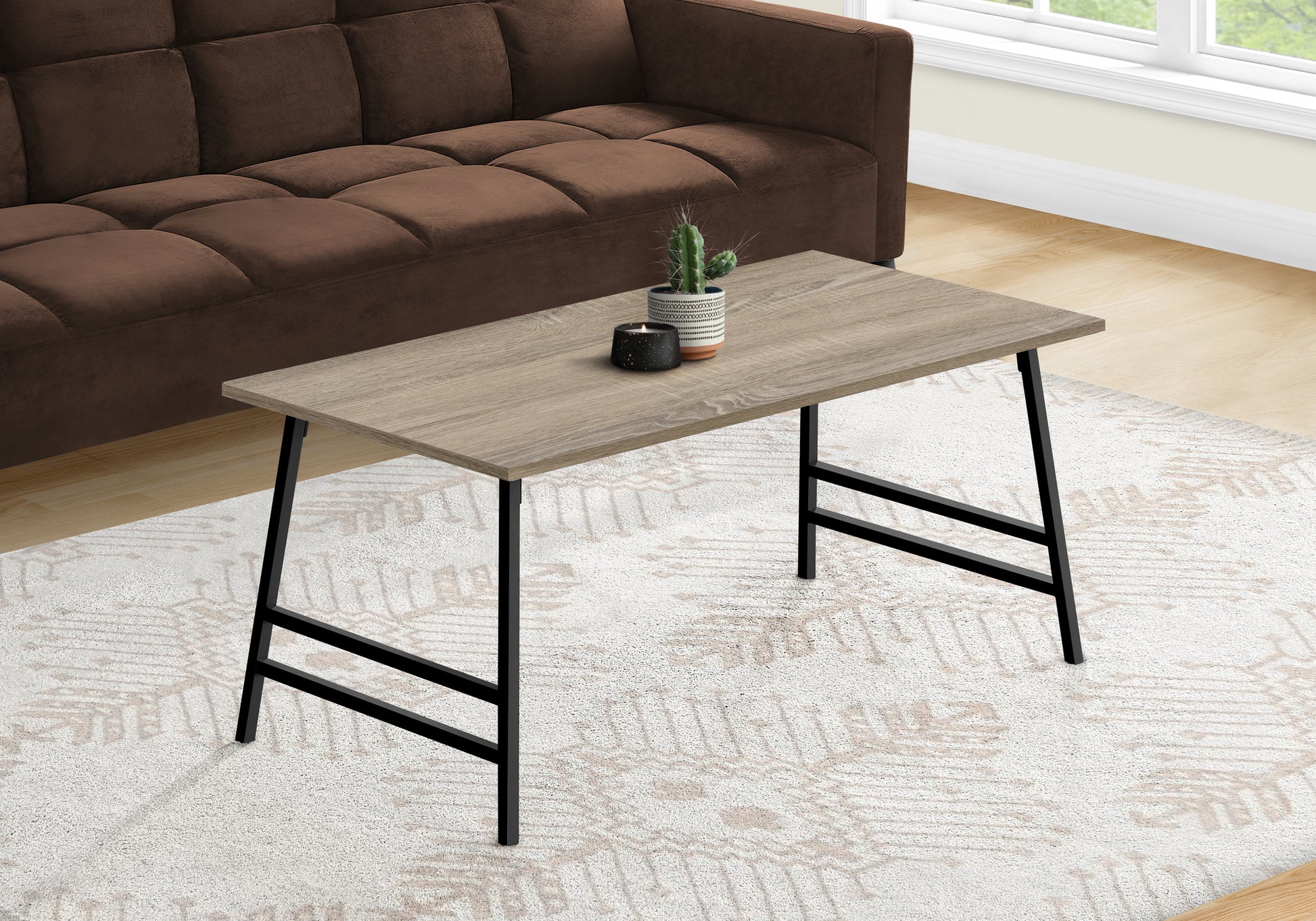 Rectangular oak wood veneer coffee table with black metal legs