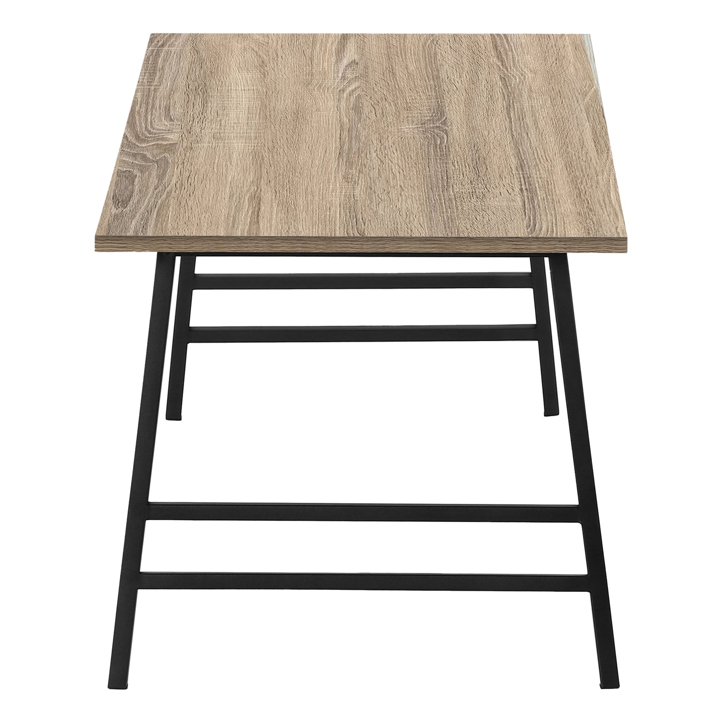 Rustic oak finish desktop with black metal legs for a modern writing desk