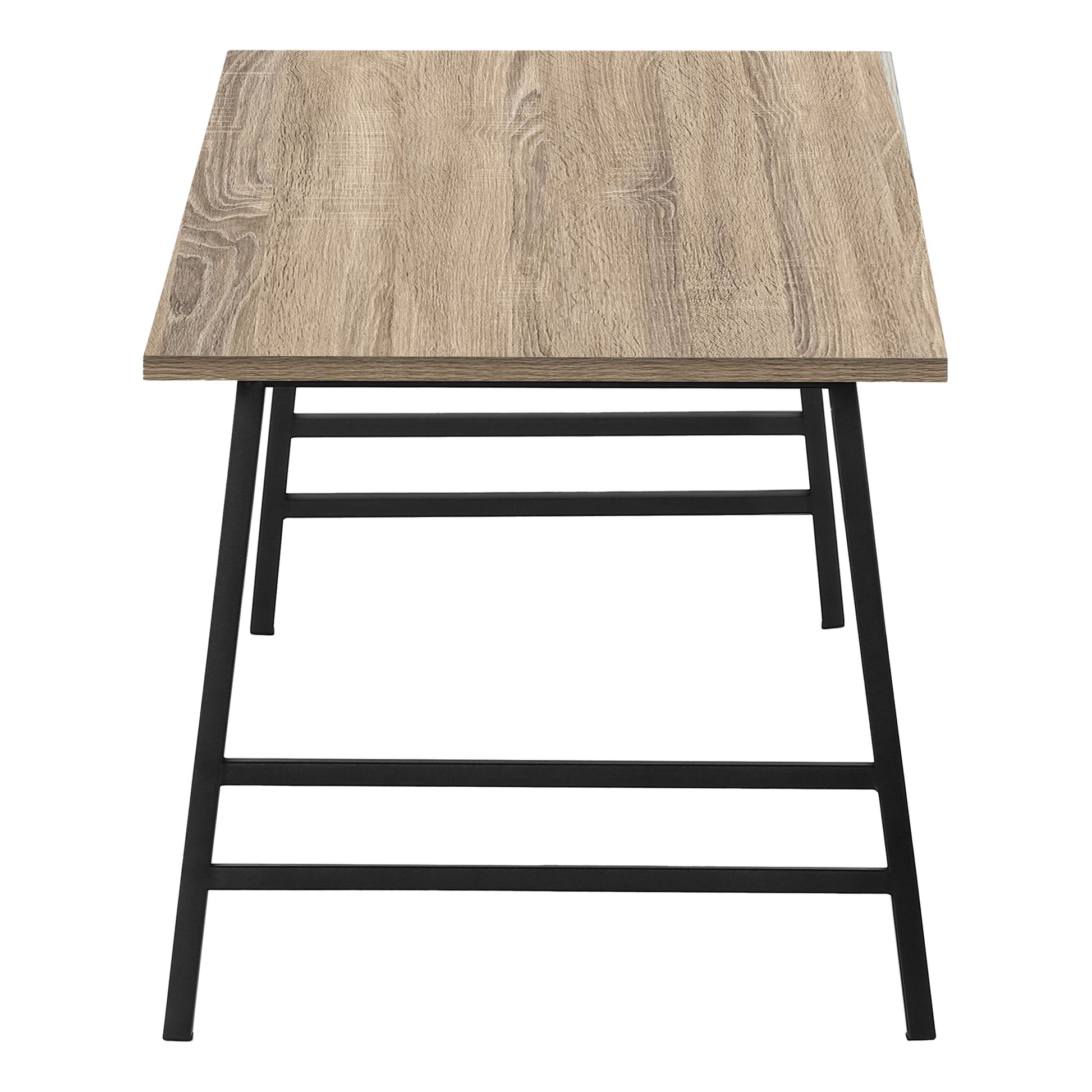 Rustic oak finish desktop with black metal legs for a modern writing desk
