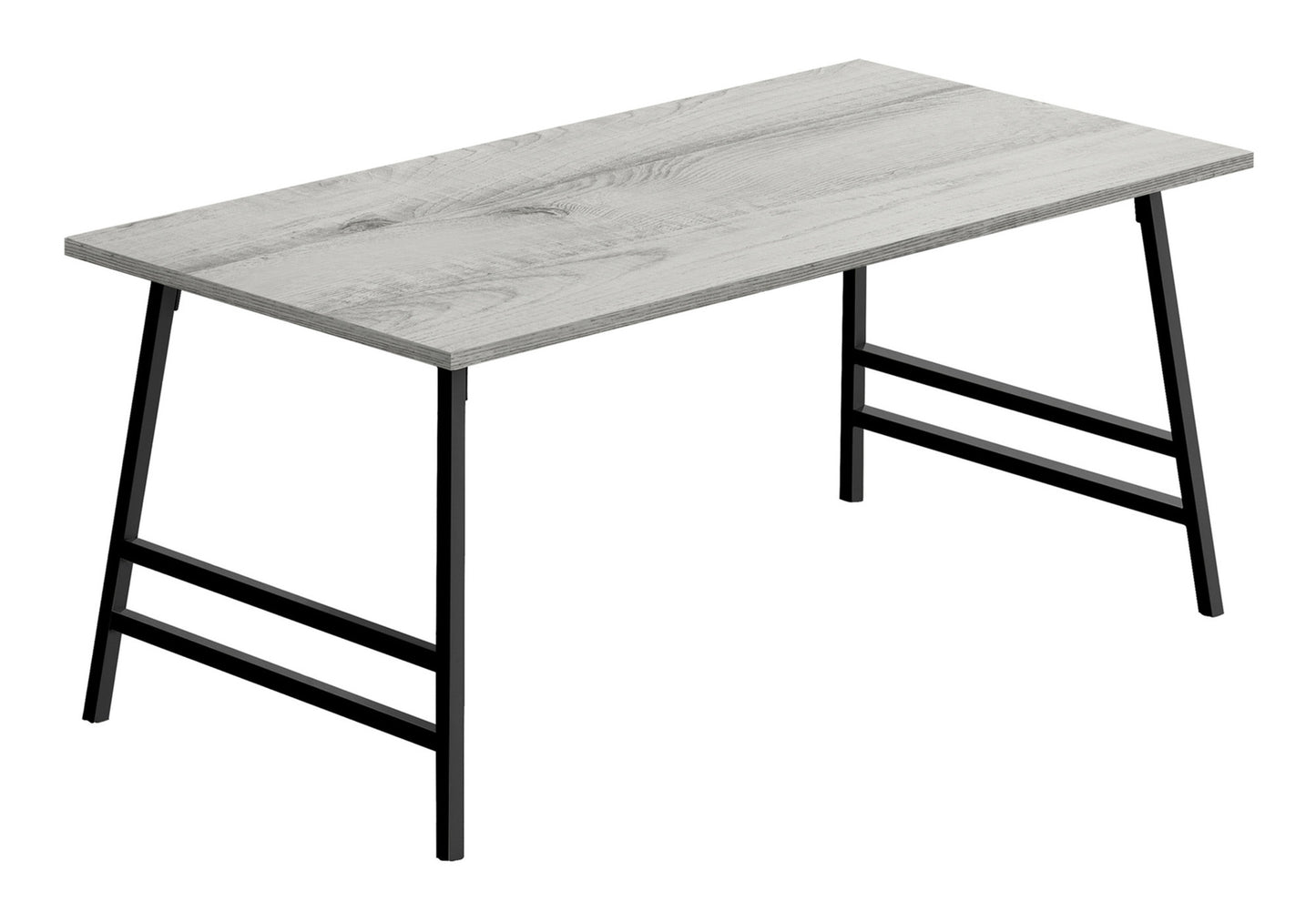 Modern light grey wood grain desk with black metal Aframe legs for home office