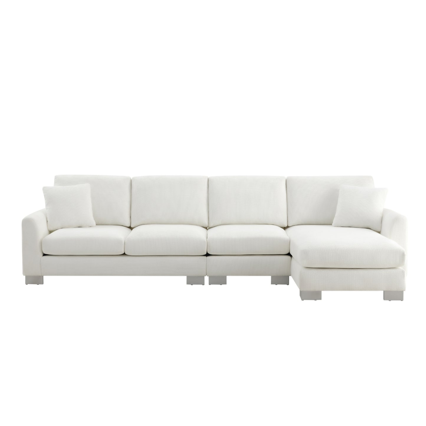 Modern white fabric sectional sofa with chaise lounge and silver legs
