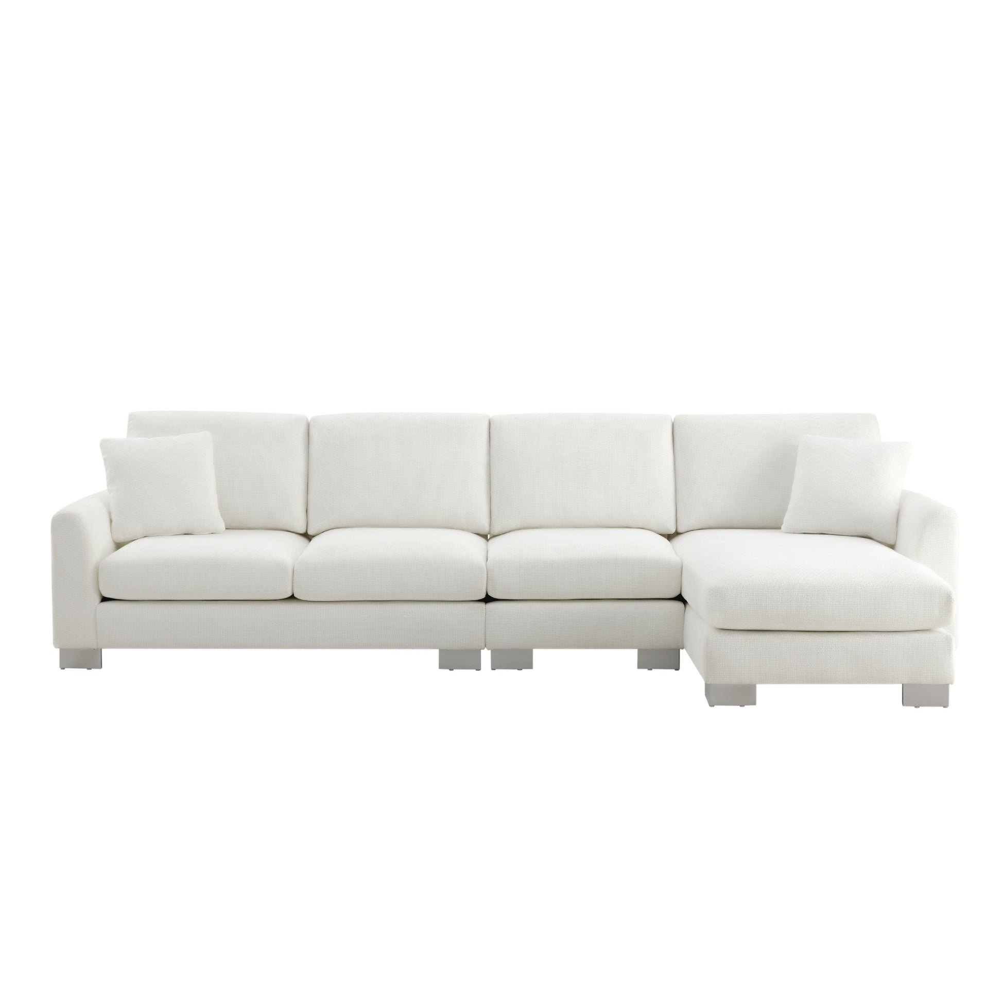 Modern white fabric sectional sofa with chaise lounge and silver legs