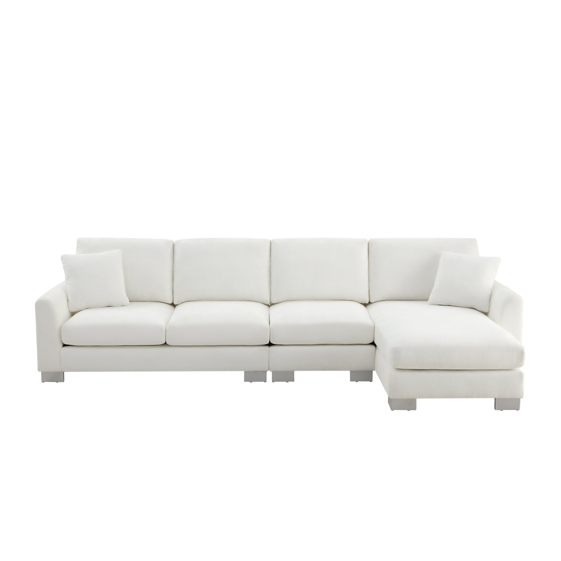 Minimalist white sectional sofa with chaise upholstered in textured fabric for modern living rooms