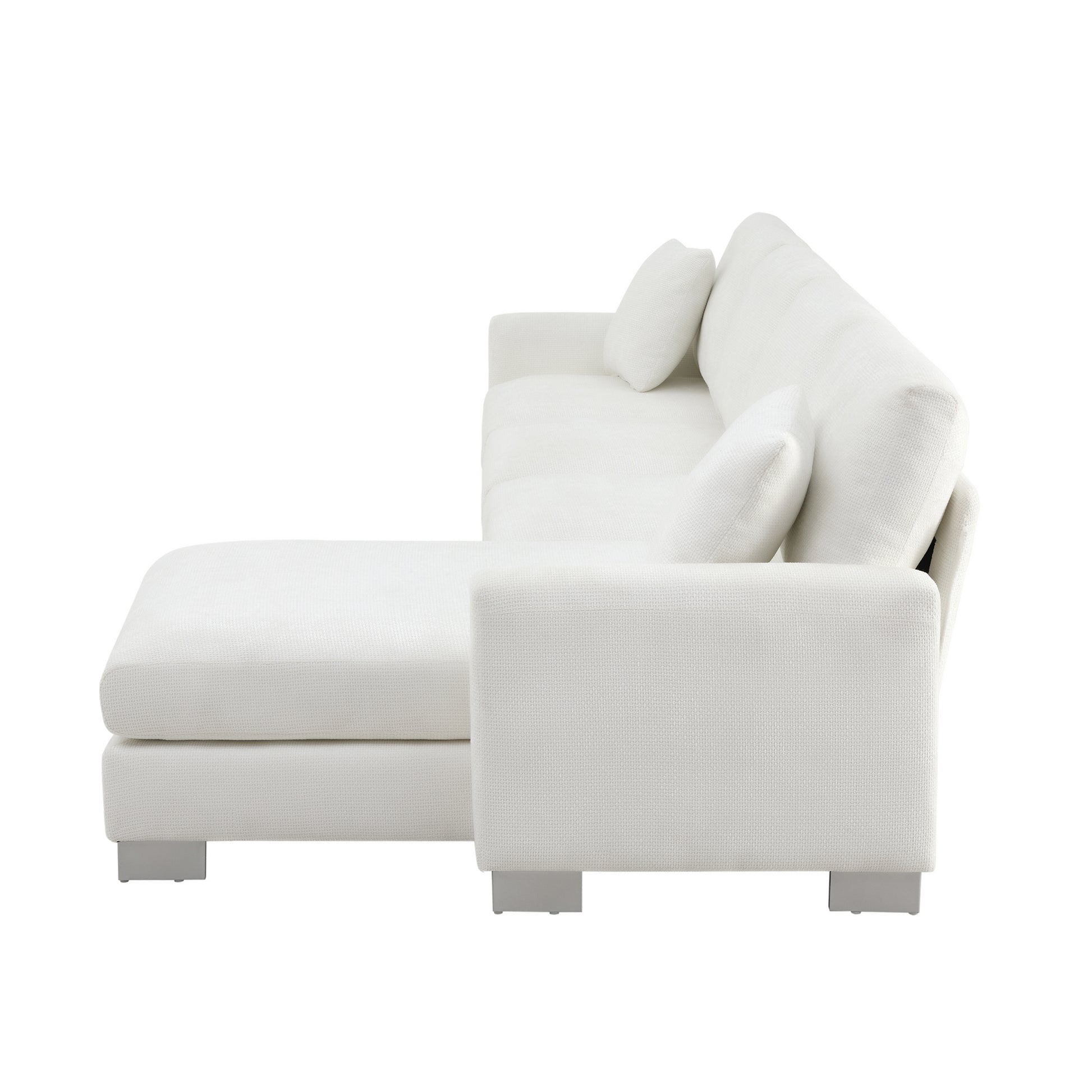 White fabric sectional sofa with chaise lounge and square legs