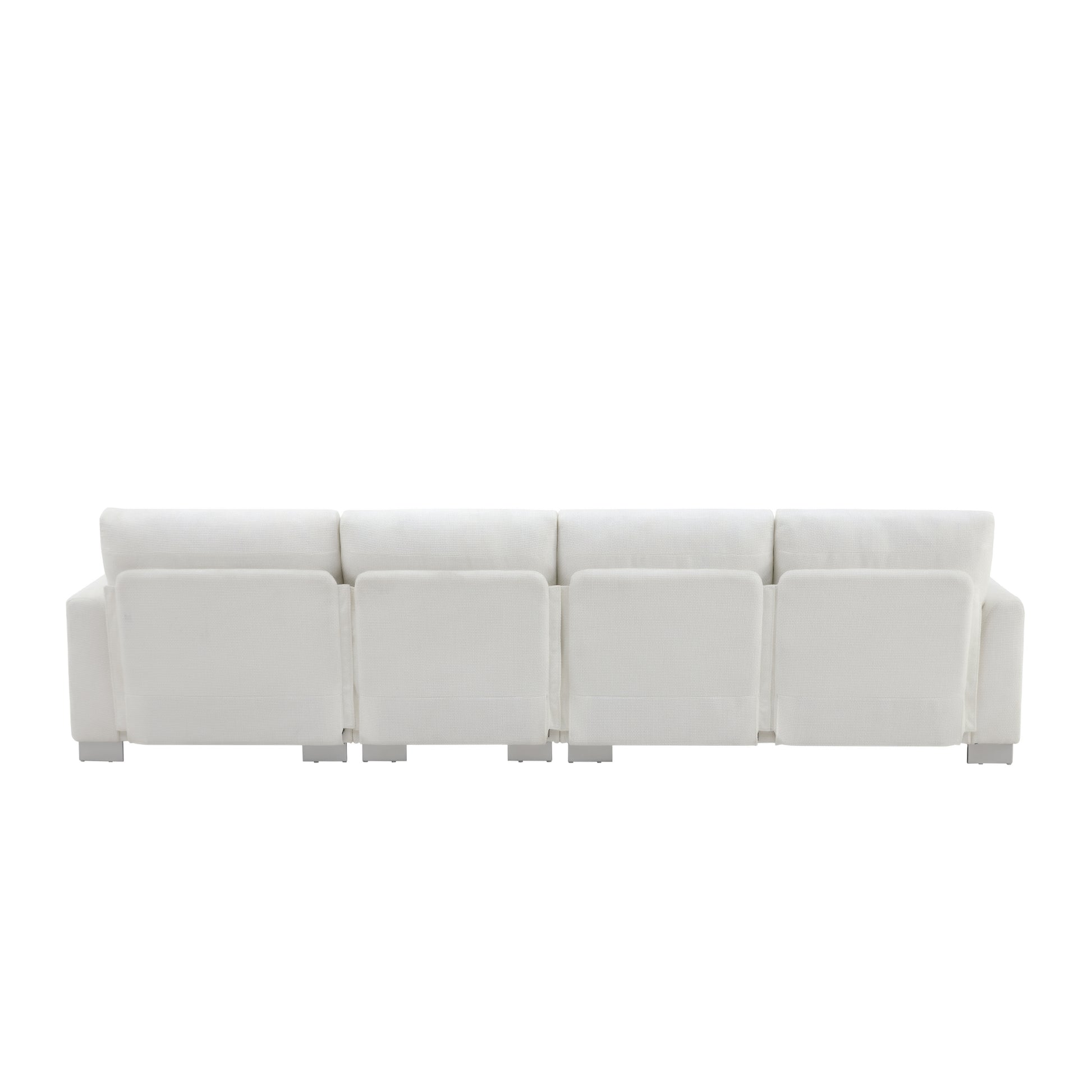 Back view of a plush fourseat white modular sofa with modern silver legs