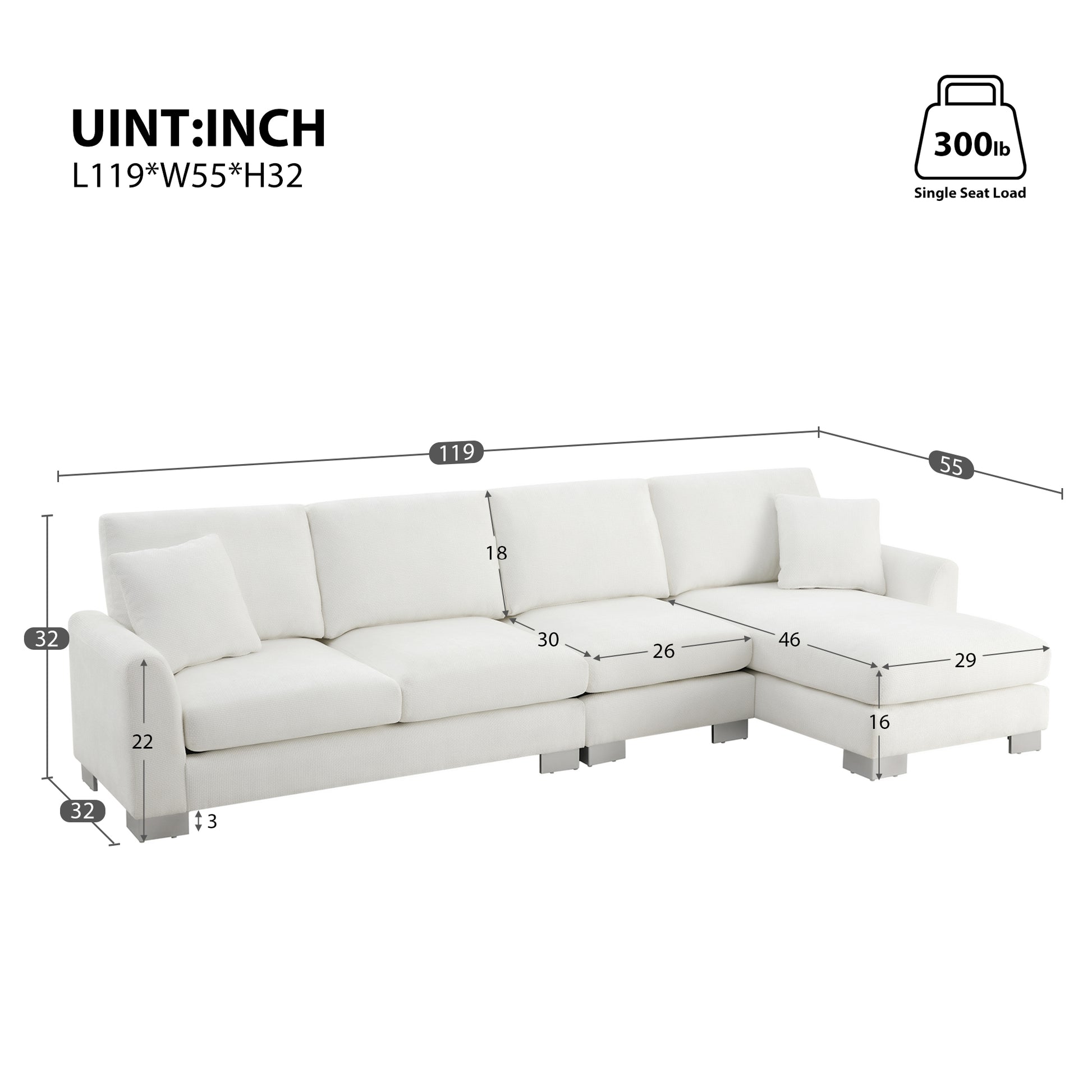 White sectional sofa with chaise lounge and dimension callouts
