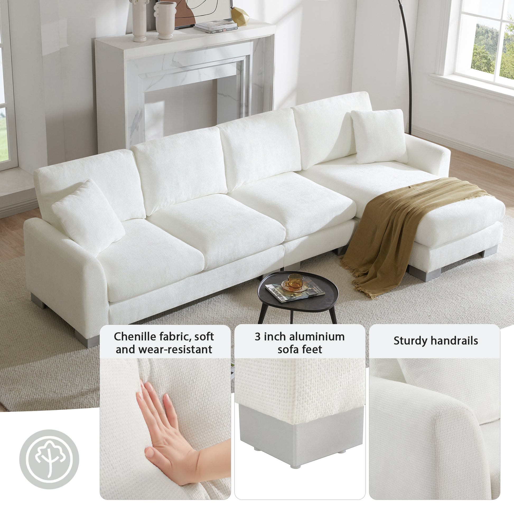 White chenille sectional sofa with plush cushions and a rolled armrest