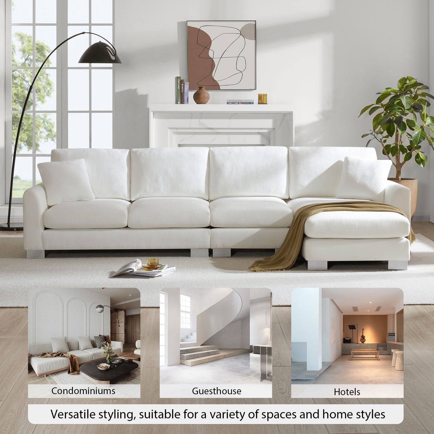 Plush white sectional sofa with chaise lounge and throw perfect for modern living rooms