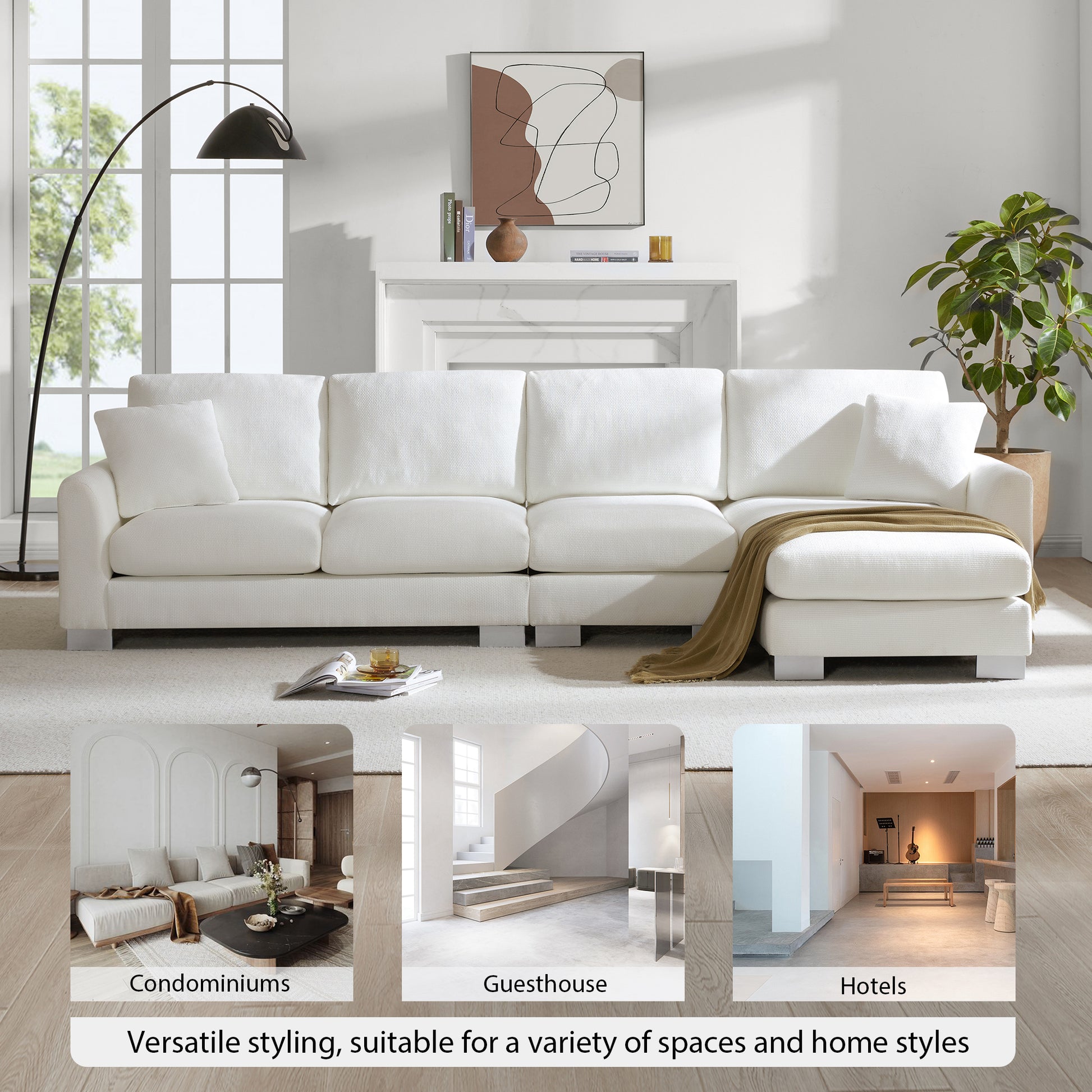 Plush white sectional sofa with chaise lounge and throw perfect for modern living rooms