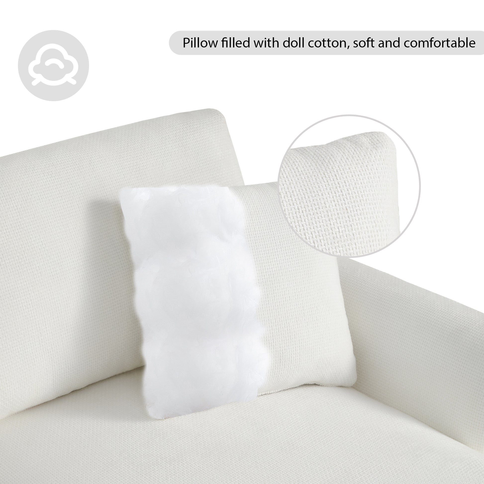 Closeup of white textured pillow filled with soft doll cotton showing comfort