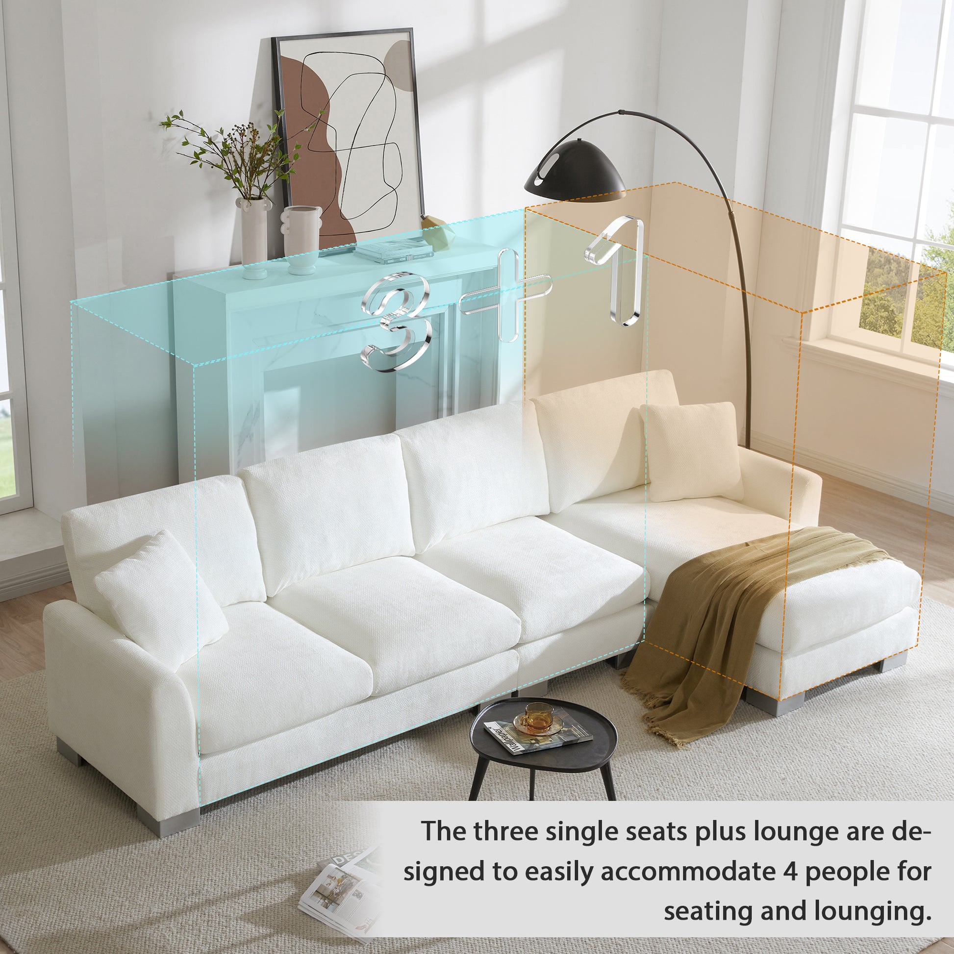 White modular sectional sofa with chaise lounge featuring plush cushions and modern metallic feet