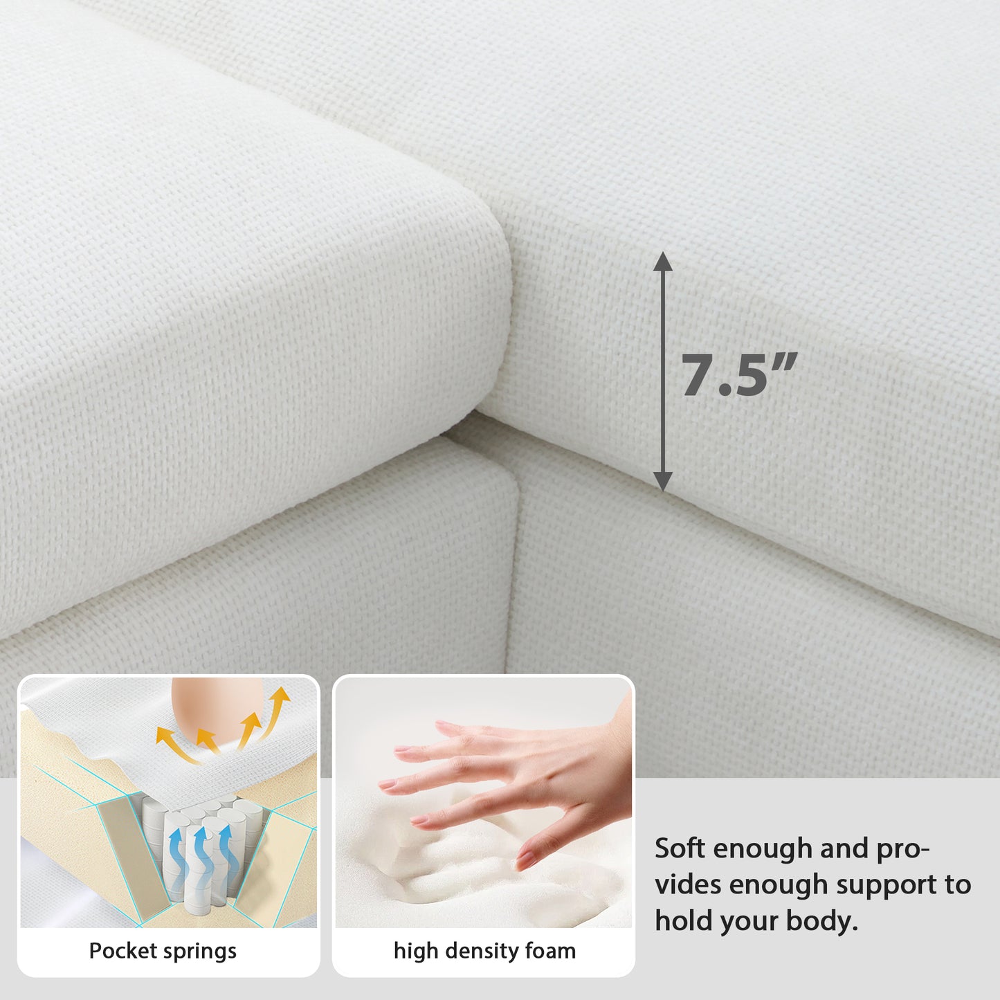 Closeup of a white textured fabric mattress corner showing inch thickness
