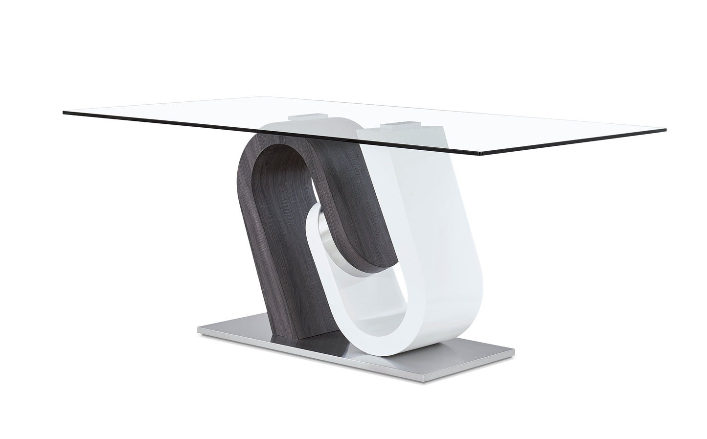 Modern glass dining table with striking white and dark wood pedestal base