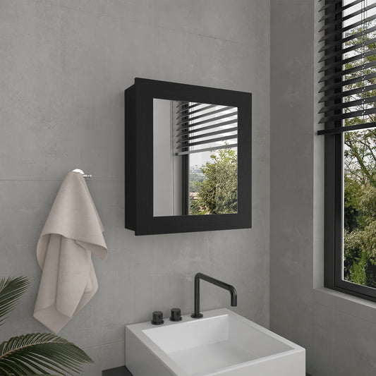 Minimalist black framed bathroom medicine cabinet with mirrored door and integrated towel bar