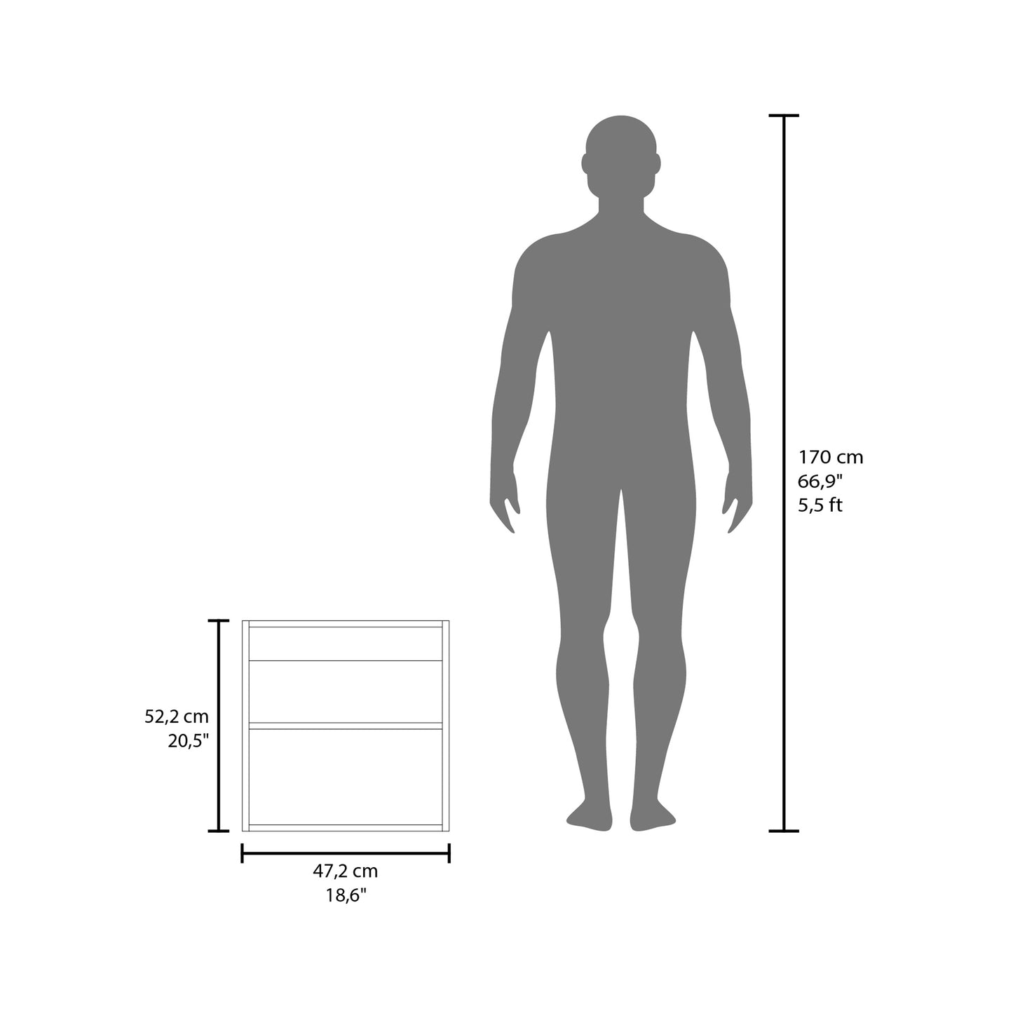 Line drawing of a twoshelf bedside table with dimensions and a human silhouette for scale