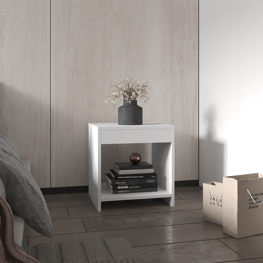 Modern white minimalist nightstand with open shelf and drawer perfect for bedroom storage