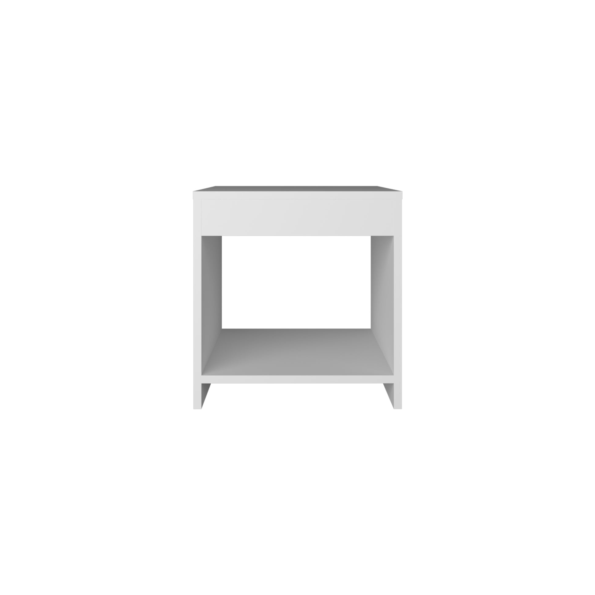 Minimalist white nightstand with open shelf and drawer