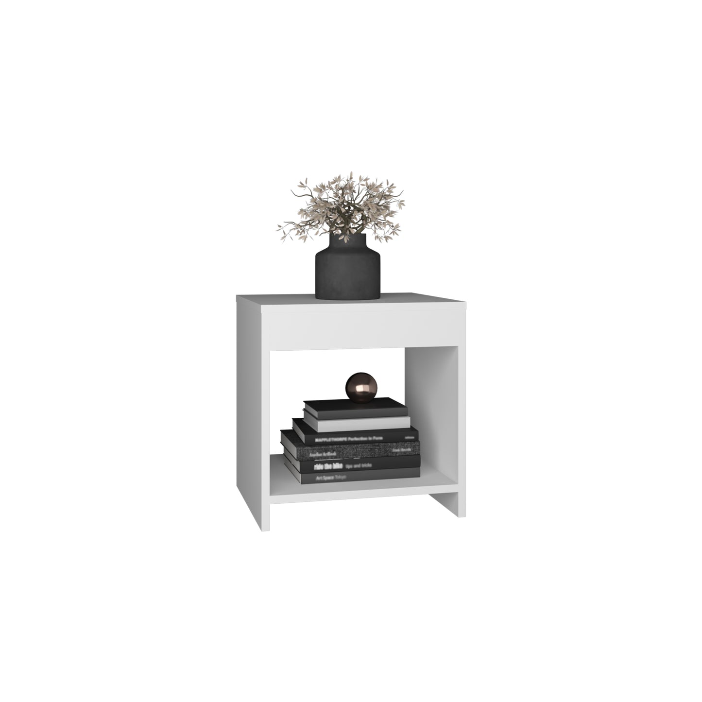 White modern bedside table with a black vase of dried flowers