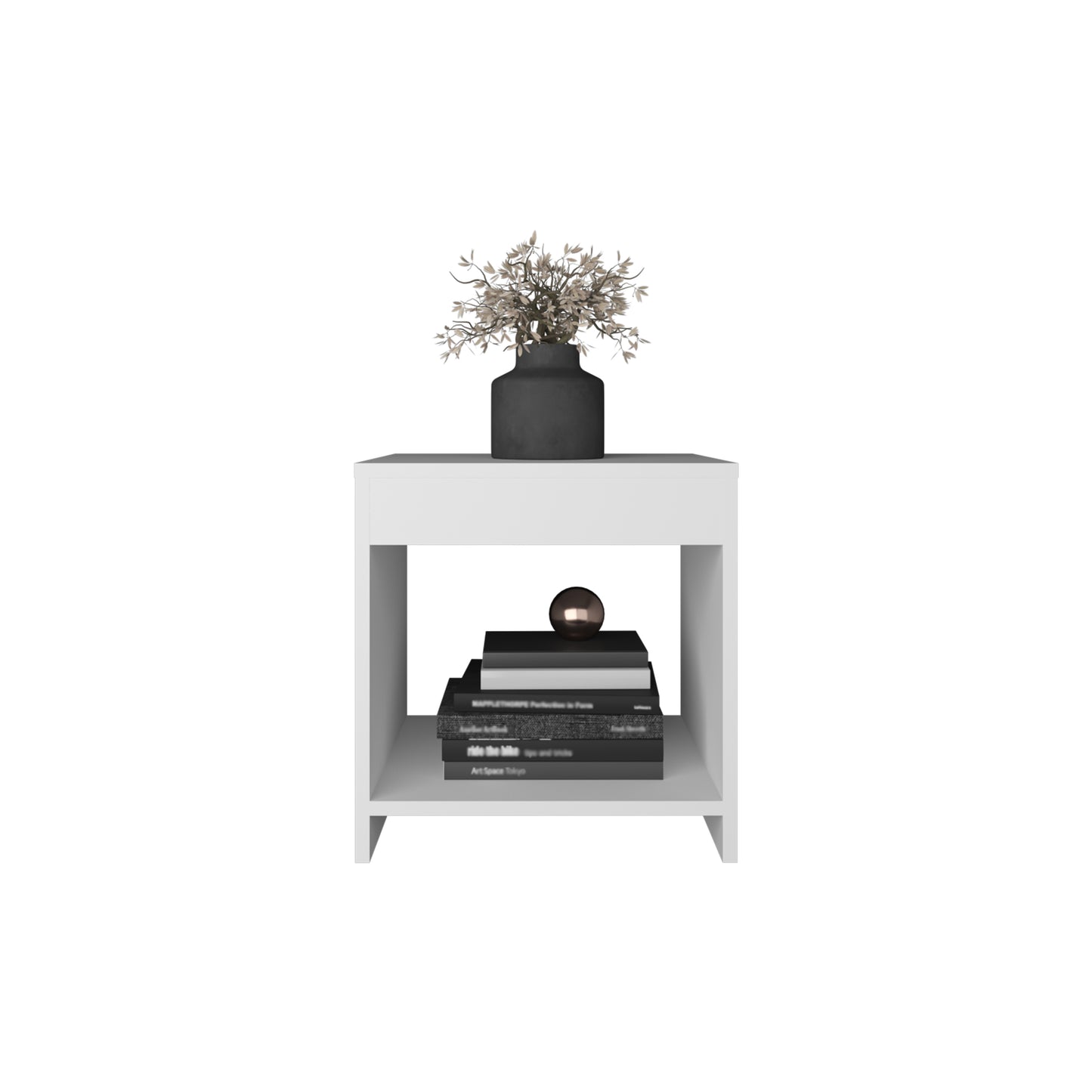 Modern white bedside table with minimalist design featuring a drawer and open shelf
