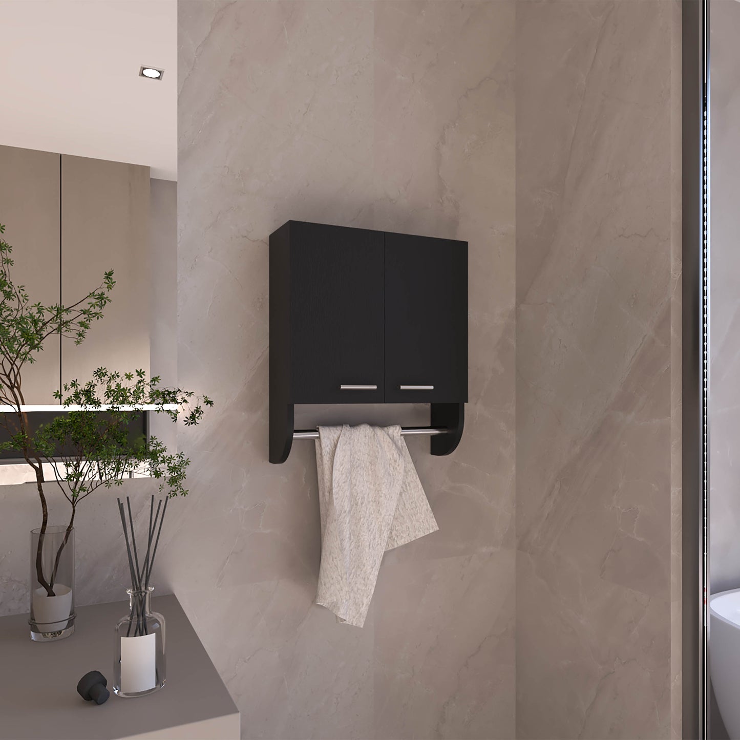 Black wallmounted bathroom cabinet with double doors and towel bar