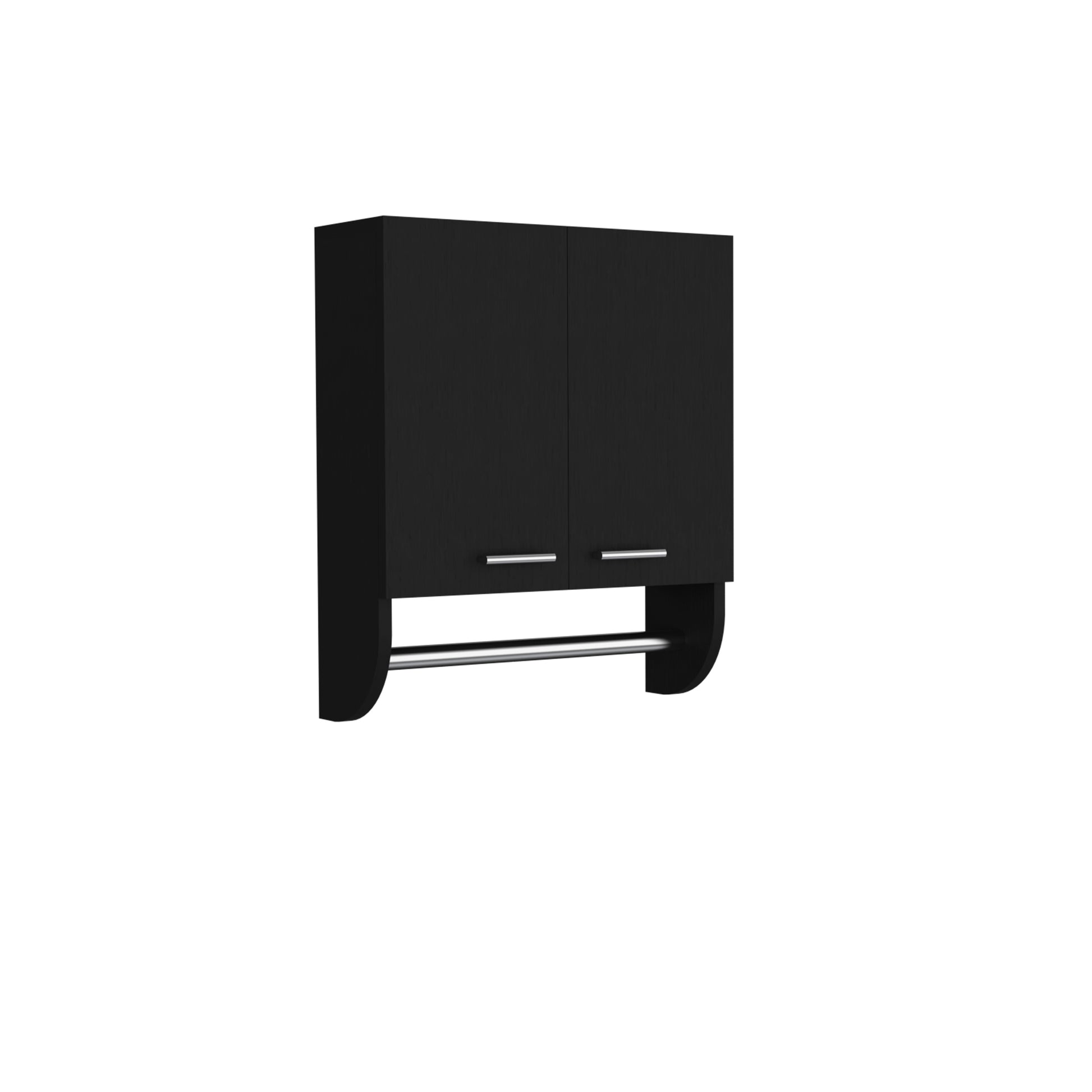Black modern wall cabinet with two doors and a towel bar ideal for bathrooms
